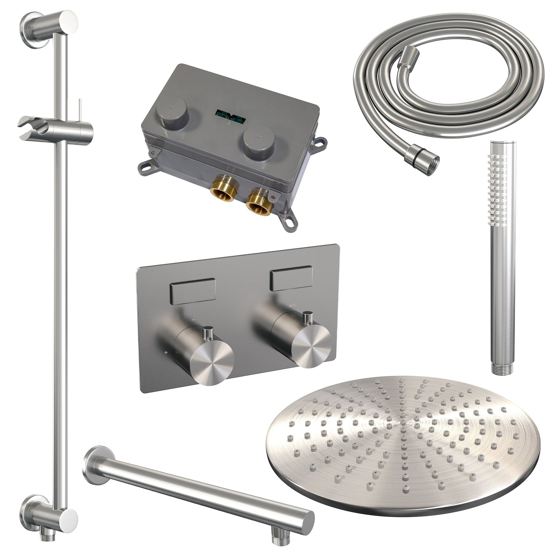 BRAUER Brushed Edition thermostatische inbouw regendouche met drukknoppen SET 62 met 30 cm douchekop en rechte muurarm en staaf handdouche en doucheslang en geïntegreerde glijstang RVS geborsteld PVD