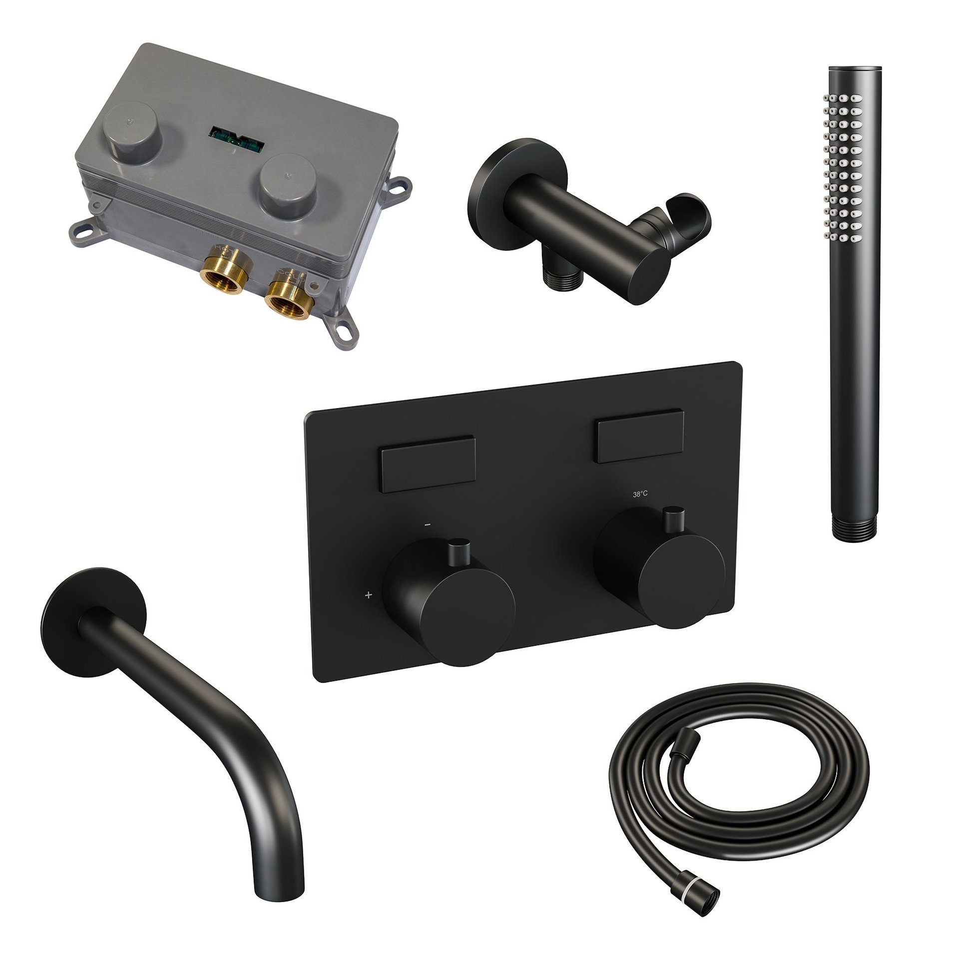 BRAUER Black Edition thermostatische inbouw badkraan met drukknoppen SET 03 met uitloop en staaf handdouche en doucheslang en wandaansluitbocht mat zwart
