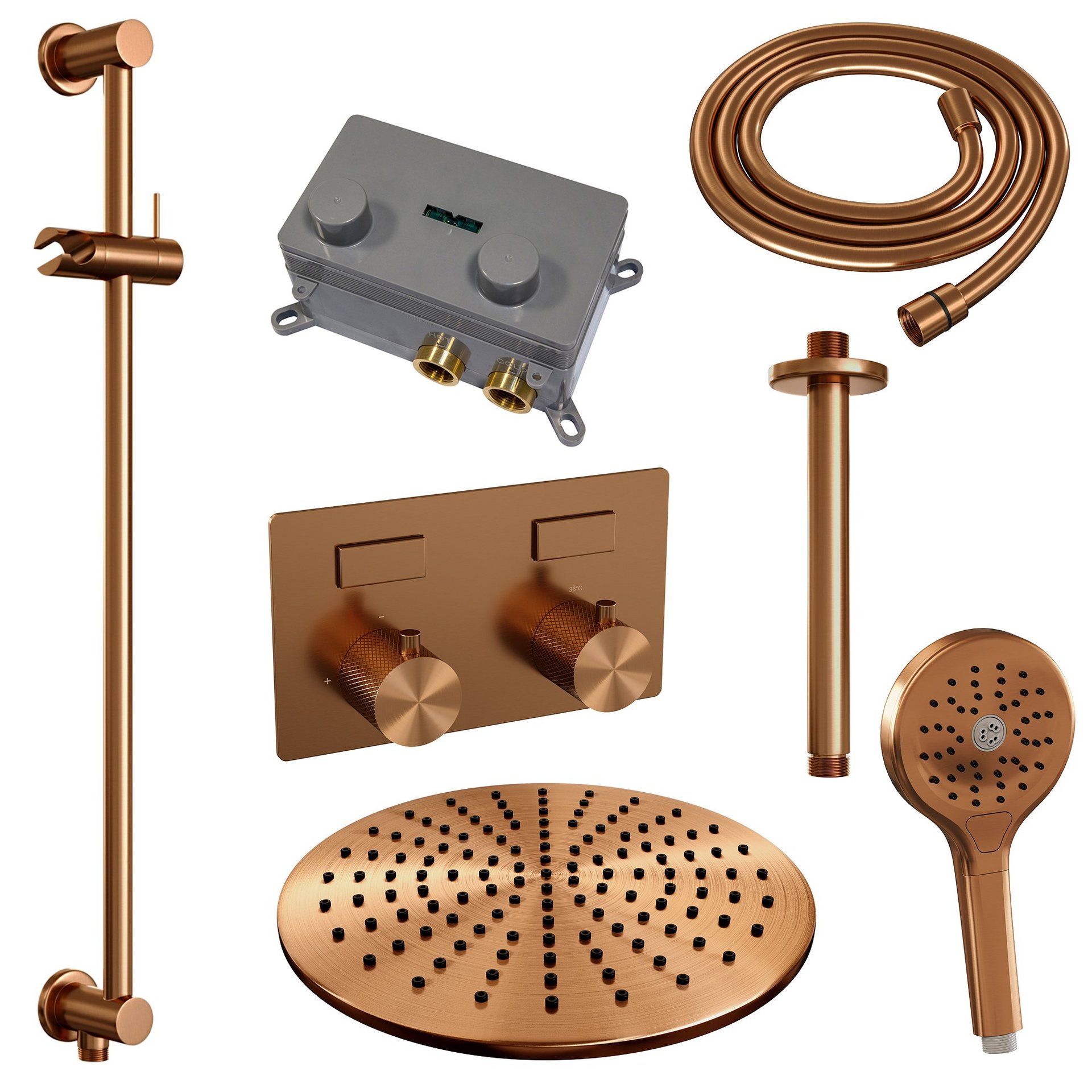 BRAUER Copper Carving thermostatische inbouw regendouche met drukknoppen SET 72 met 30 cm douchekop en plafondarm en 3-standen handdouche en doucheslang en geïntegreerde glijstang koper geborsteld PVD