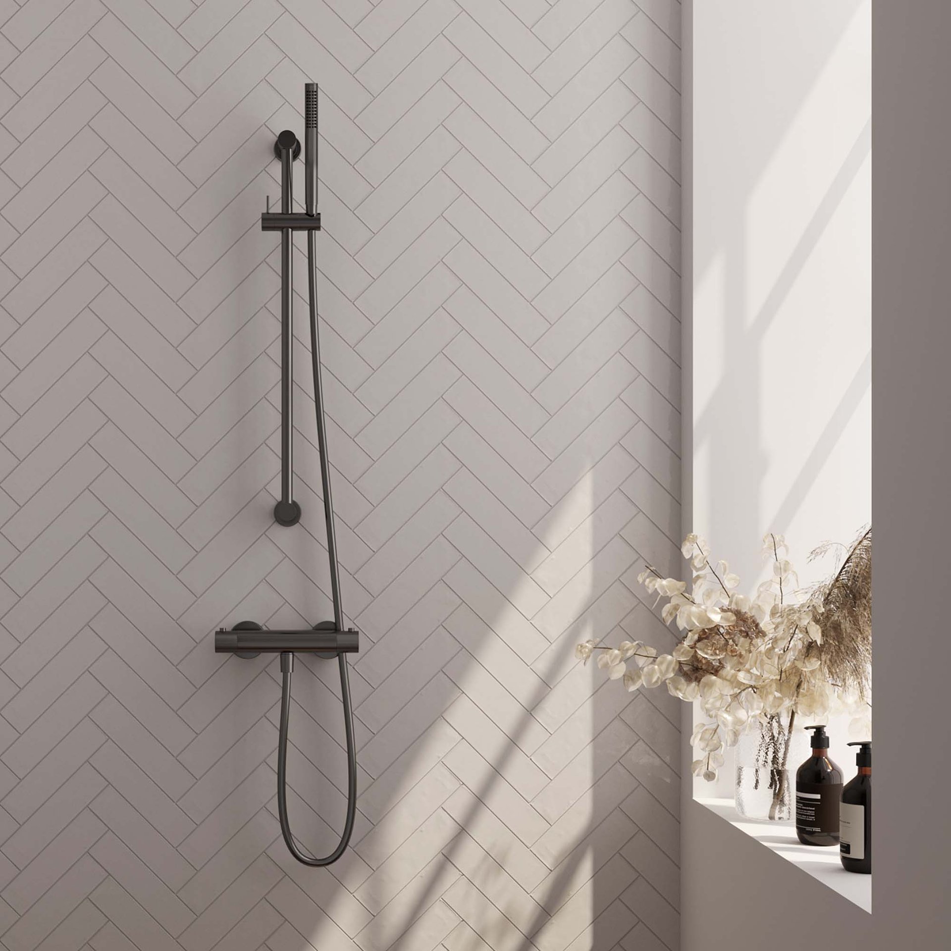 BRAUER Gunmetal Carving opbouw douche thermostaatkraan SET 01 met glijstang en staaf handdouche en doucheslang gunmetal geborsteld PVD