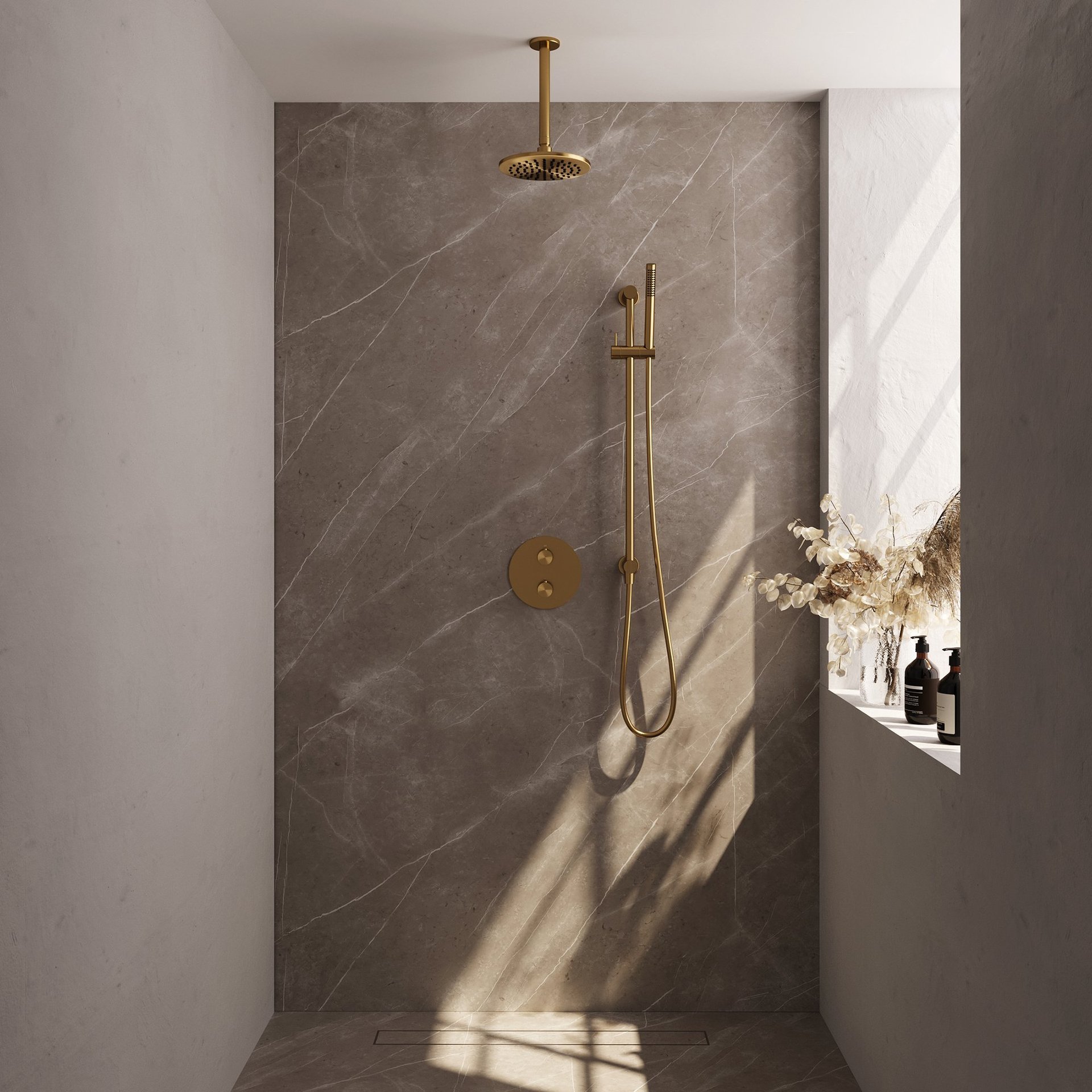 BRAUER Gold Edition thermostatische inbouw regendouche 3-weg rond SET 89 met 20 cm douchekop en plafondarm en staaf handdouche en doucheslang en geïntegreerde glijstang goud geborsteld PVD