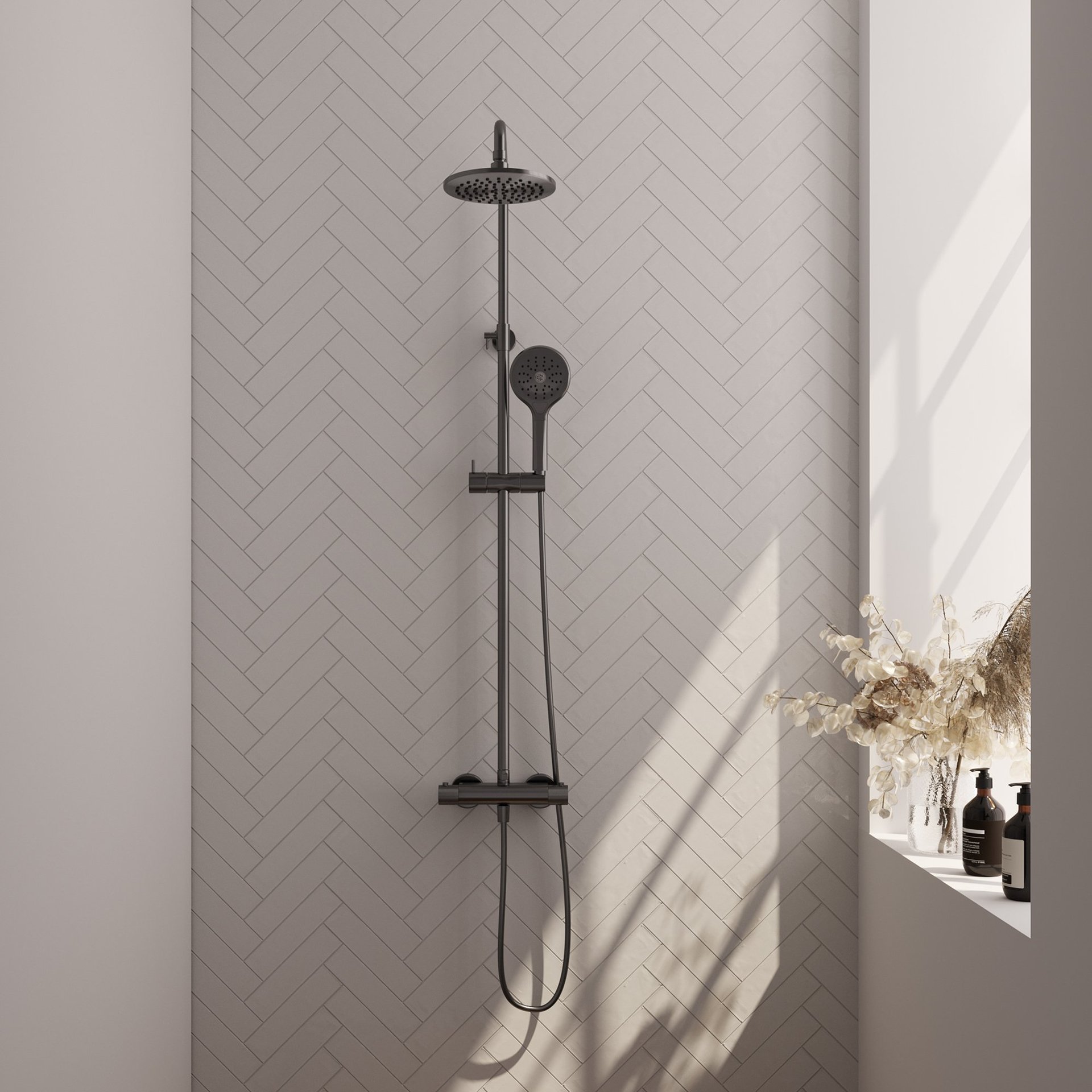 BRAUER Gunmetal Carving opbouw thermostatische regendouche SET 02 met 20 cm hoofddouche en 3-standen handdouche en doucheslang gunmetal geborsteld PVD