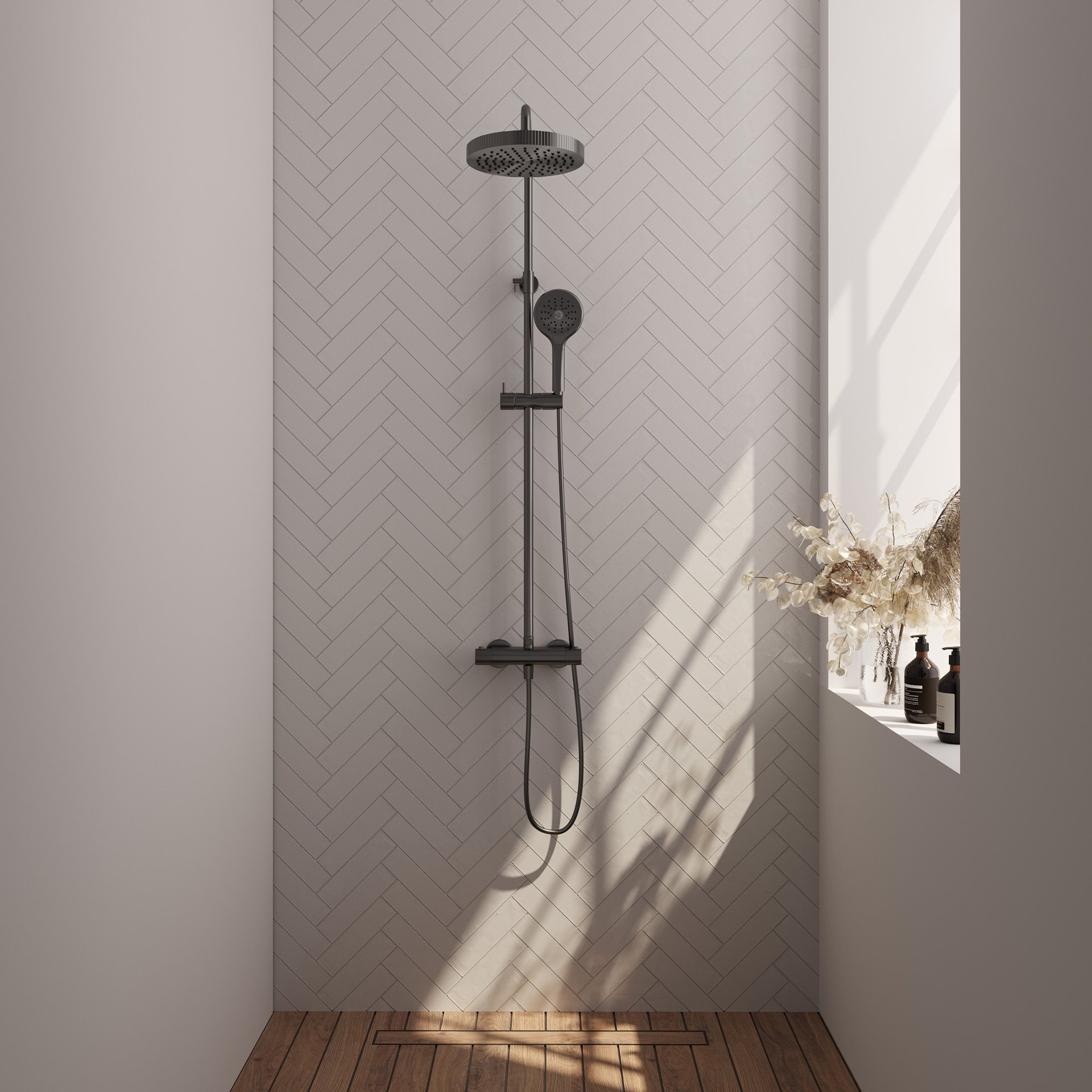 BRAUER Stripe opbouw thermostatische regendouche SET 02 met 25 cm hoofddouche en 3-standen handdouche en doucheslang gunmetal geborsteld PVD