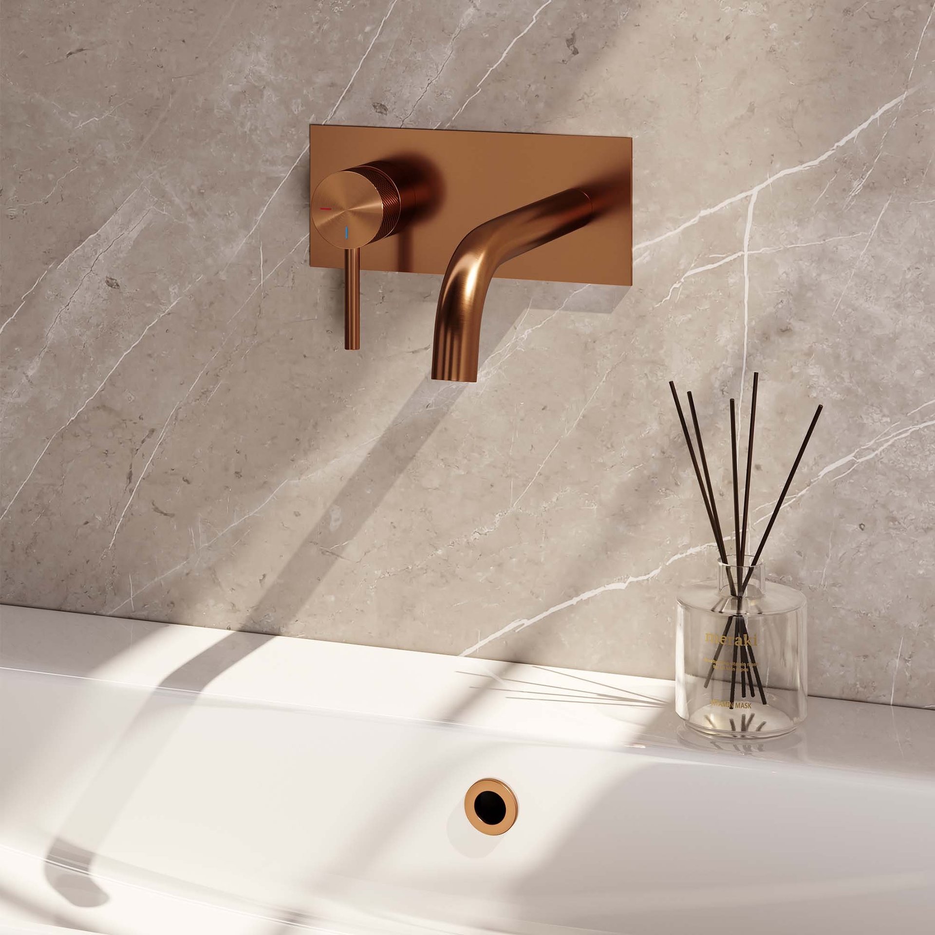 BRAUER Copper Carving inbouw wastafelmengkraan met gebogen uitloop en afdekplaat model A2 koper geborsteld PVD