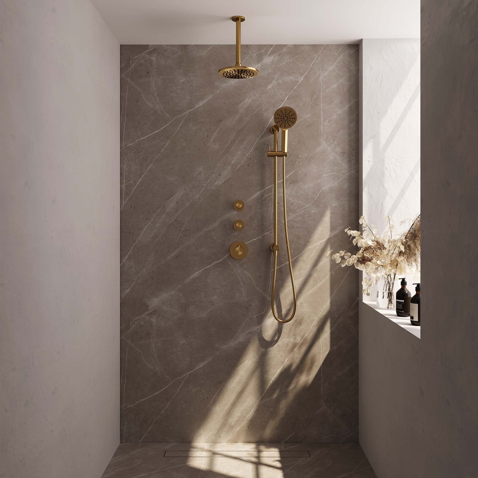 BRAUER Gold Edition thermostatische inbouw regendouche SET 23 met 20 cm douchekop en plafondarm en 3-standen handdouche en doucheslang en geïntegreerde glijstang goud geborsteld PVD