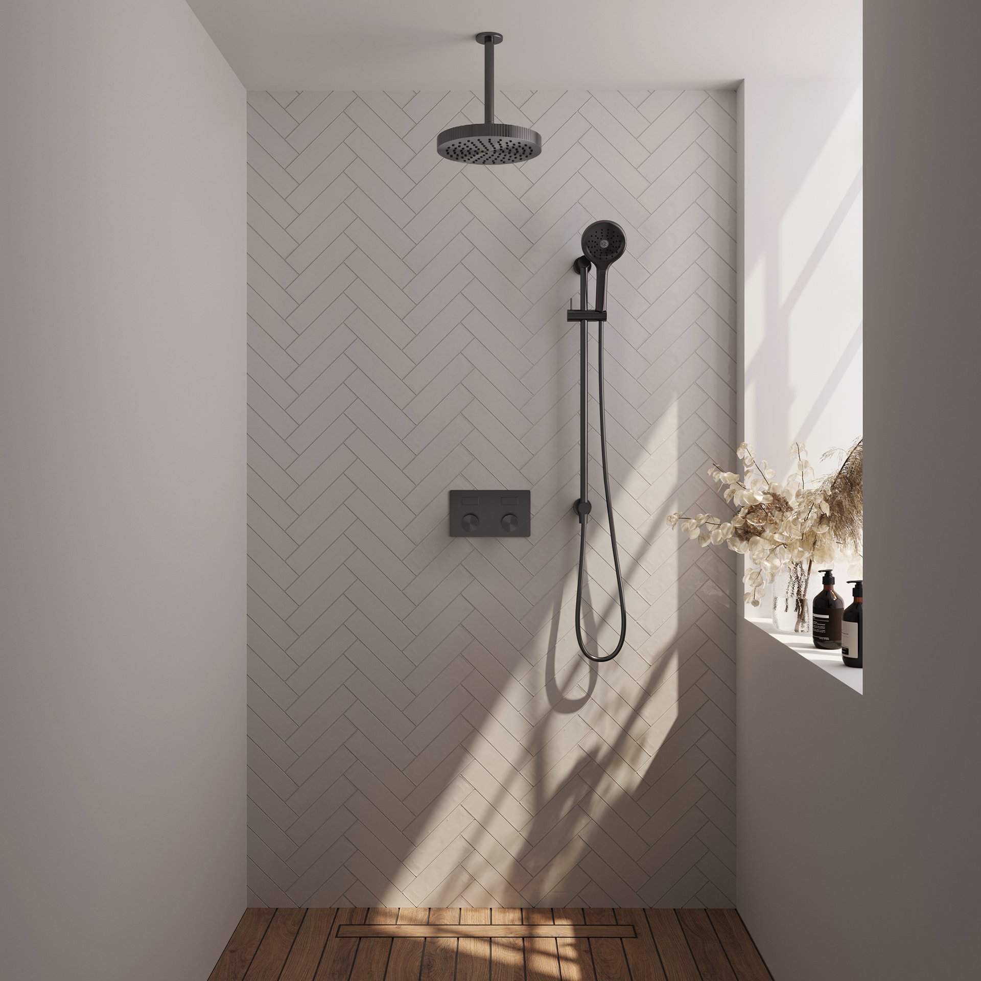 BRAUER Stripe thermostatische inbouw regendouche met drukknoppen SET 36 met 25 cm douchekop en plafondarm en 3-standen handdouche en doucheslang en geïntegreerde glijstang gunmetal geborsteld PVD