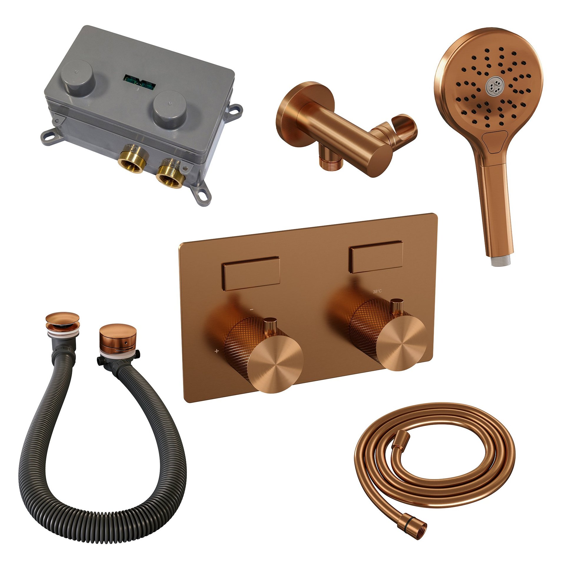 BRAUER Copper Carving thermostatische inbouw badkraan met drukknoppen SET 04 met badvulcombinatie en 3-standen handdouche en doucheslang en wandaansluitbocht koper geborsteld PVD