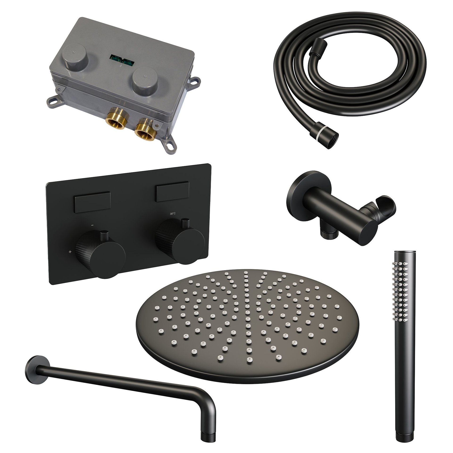 BRAUER Black Carving thermostatische inbouw regendouche met drukknoppen SET 52 met 30 cm douchekop en gebogen muurarm en staaf handdouche en doucheslang en wandaansluitbocht mat zwart