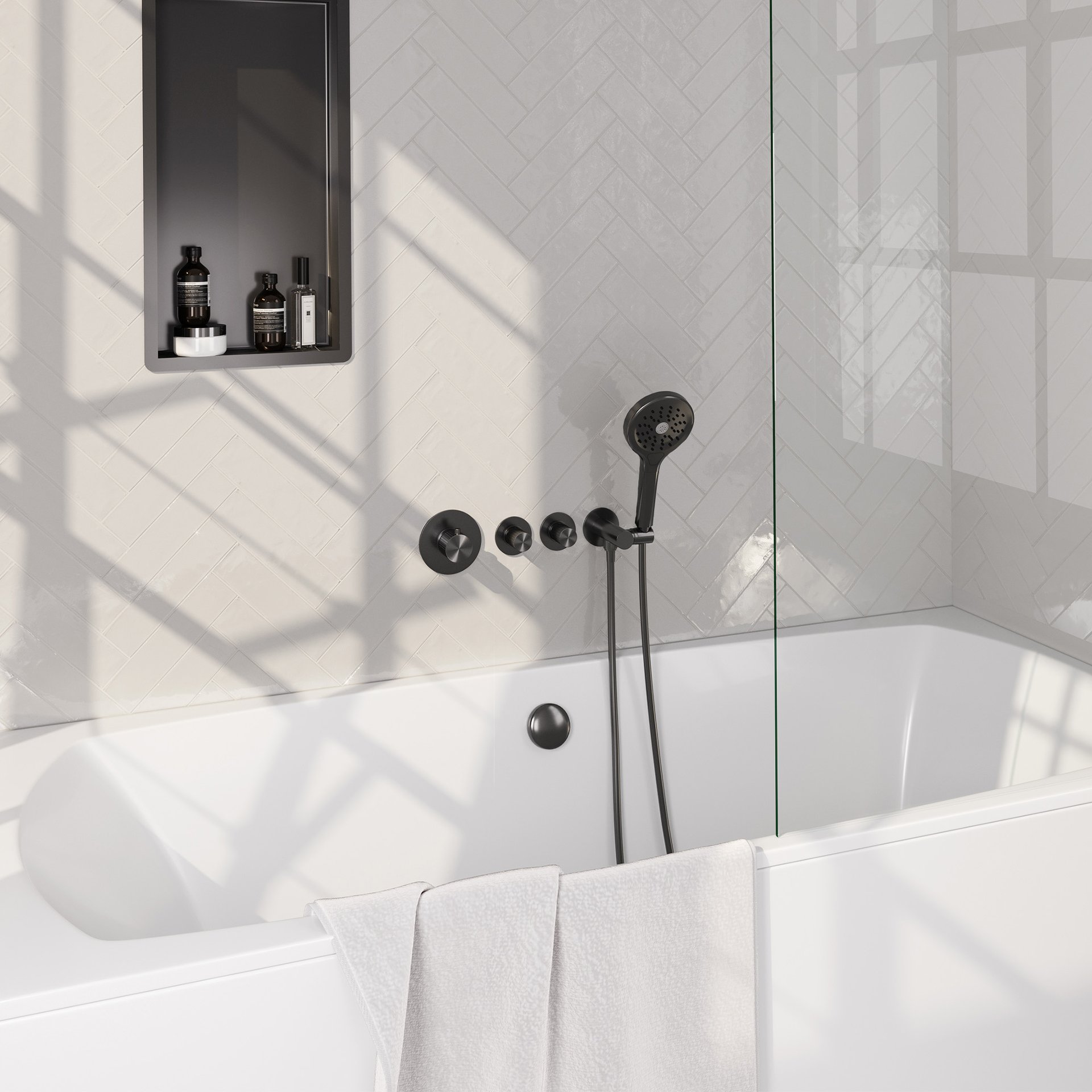 BRAUER Stripe thermostatische inbouw badkraan SET 02 met badvulcombinatie en 3-standen handdouche en doucheslang en wandaansluitbocht gunmetal geborsteld PVD