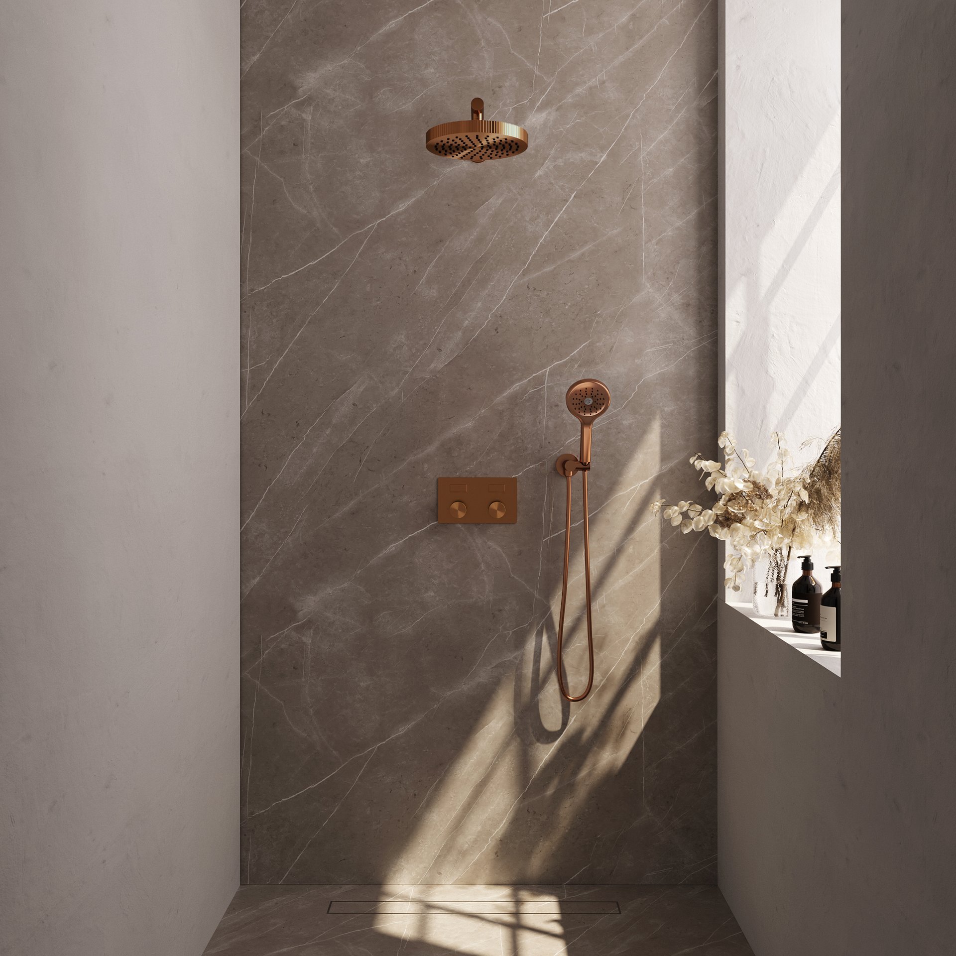 BRAUER Stripe thermostatische inbouw regendouche met drukknoppen SET 28 met 25 cm douchekop en rechte muurarm en 3-standen handdouche en doucheslang en wandaansluitbocht koper geborsteld PVD