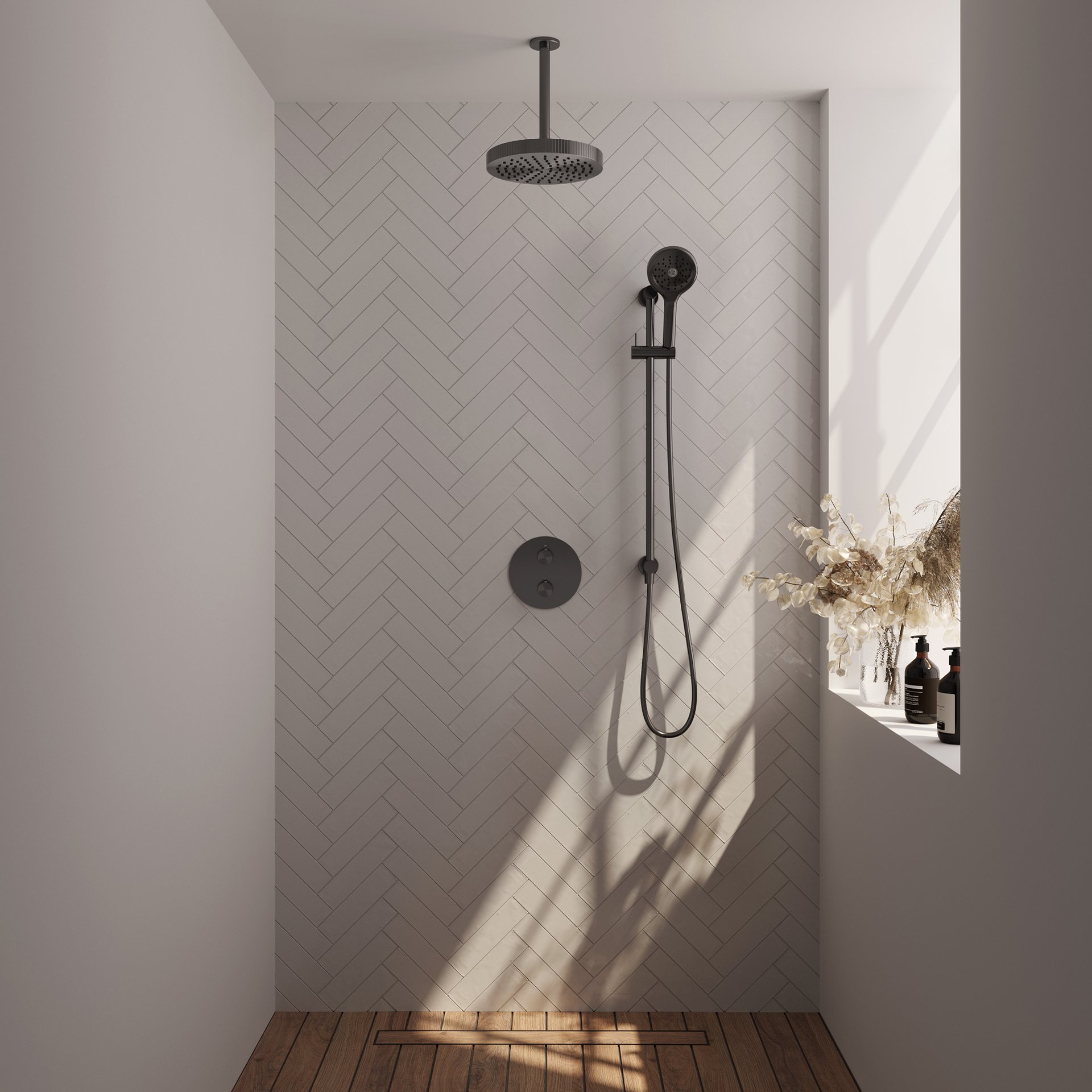 BRAUER Stripe thermostatische inbouw regendouche 3-weg rond SET 48 met 25 cm douchekop en plafondarm en 3-standen handdouche en doucheslang en geïntegreerde glijstang gunmetal geborsteld PVD