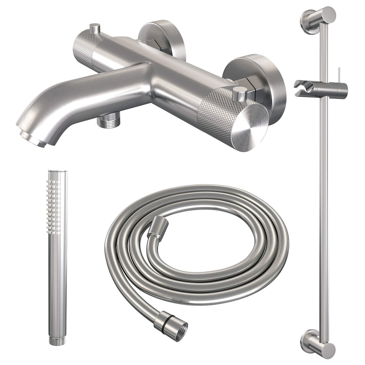 BRAUER Brushed Carving opbouw baddouche thermostaatkraan SET 01 met glijstang en staaf handdouche en doucheslang RVS geborsteld PVD