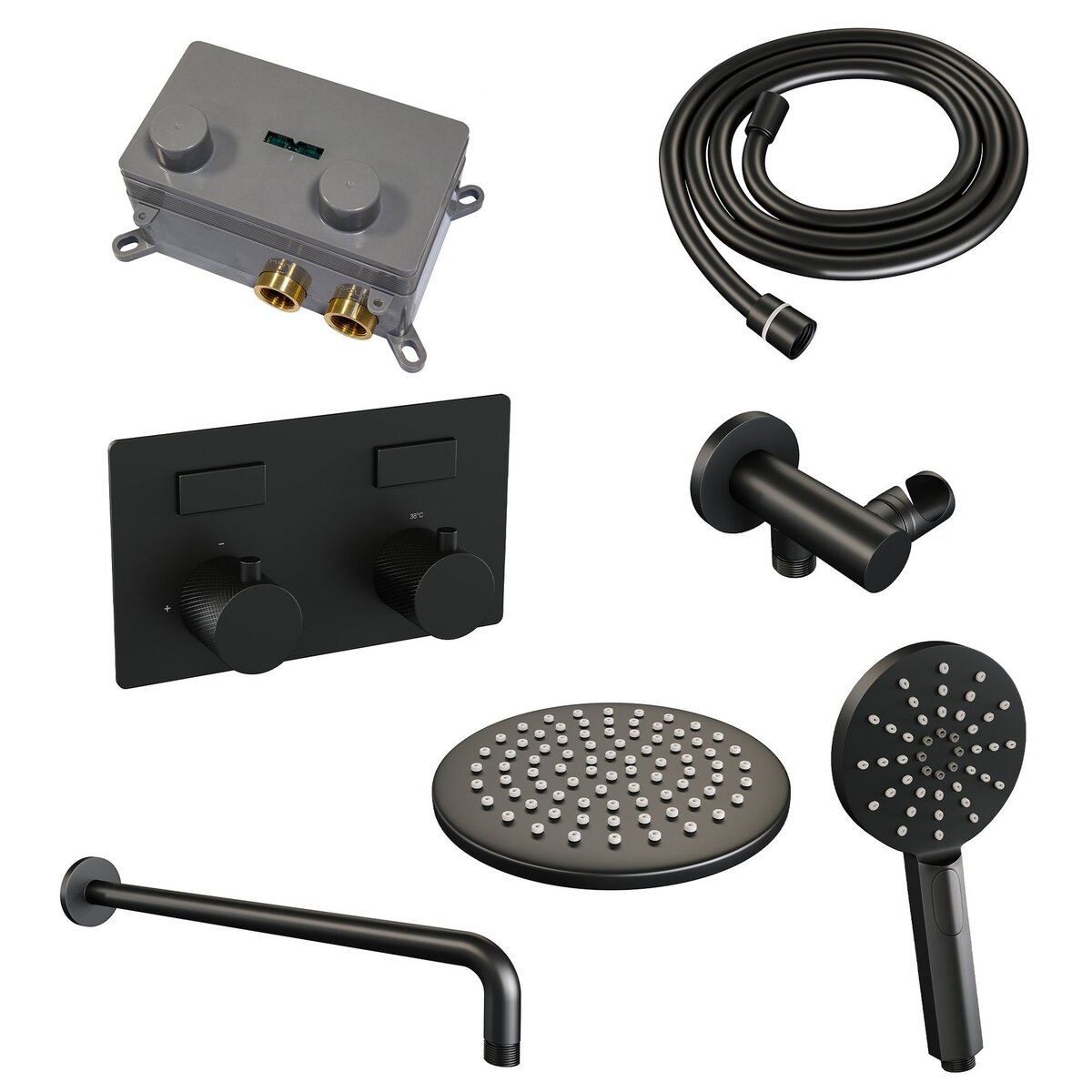 BRAUER Black Carving thermostatische inbouw regendouche met drukknoppen SET 57 met 20 cm douchekop en gebogen muurarm en 3-standen handdouche en doucheslang en wandaansluitbocht mat zwart