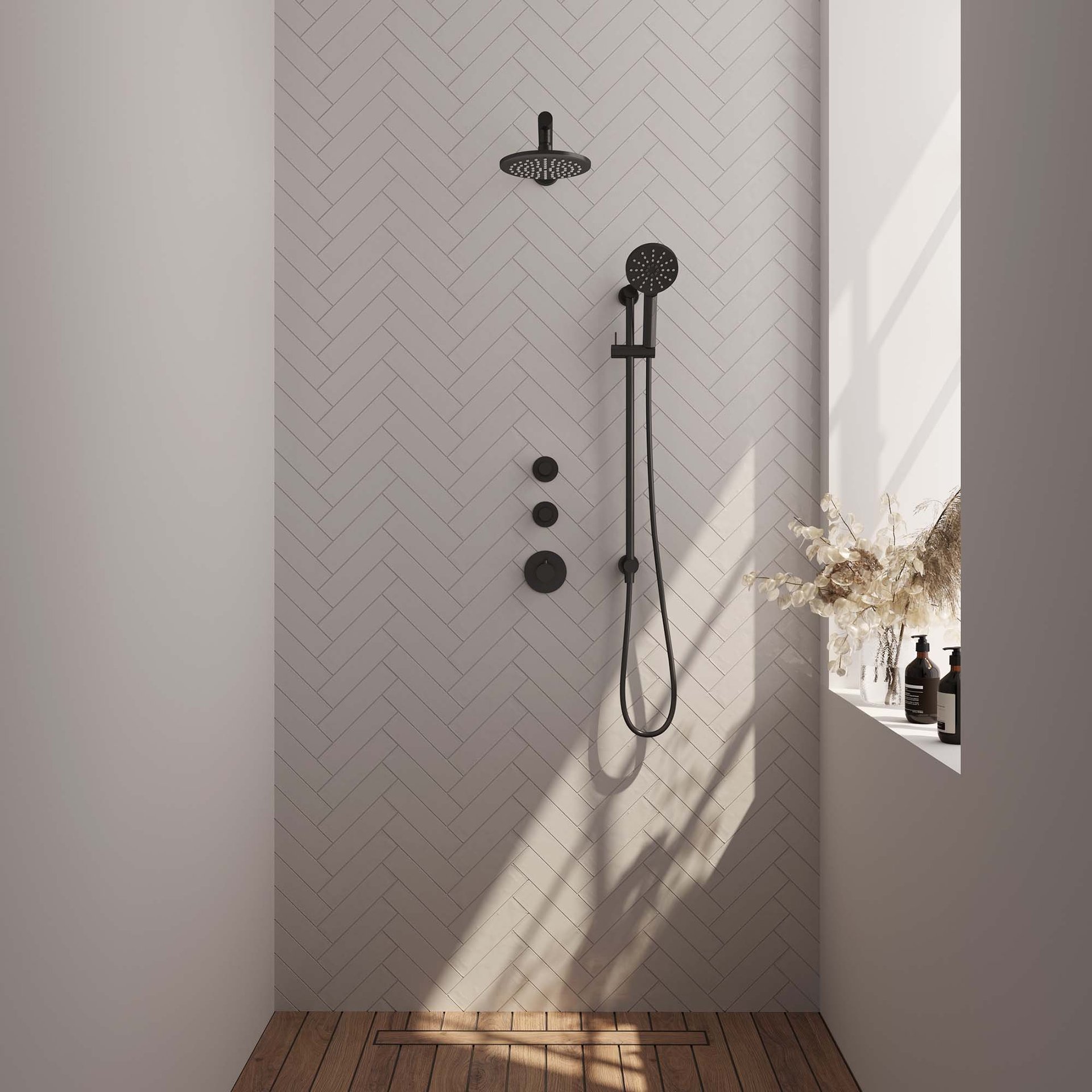 BRAUER Black Edition thermostatische inbouw regendouche SET 19 met 20 cm douchekop en rechte muurarm en 3-standen handdouche en doucheslang en geïntegreerde glijstang mat zwart