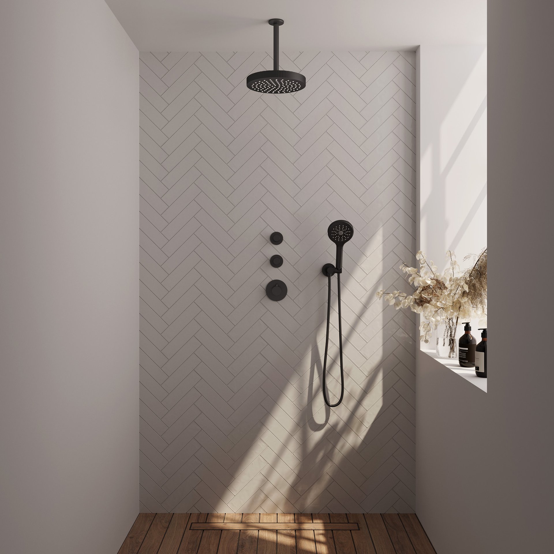 BRAUER Stripe thermostatische inbouw regendouche SET 03 met 25 cm douchekop en plafondarm en staaf handdouche en doucheslang en wandaansluitbocht mat zwart