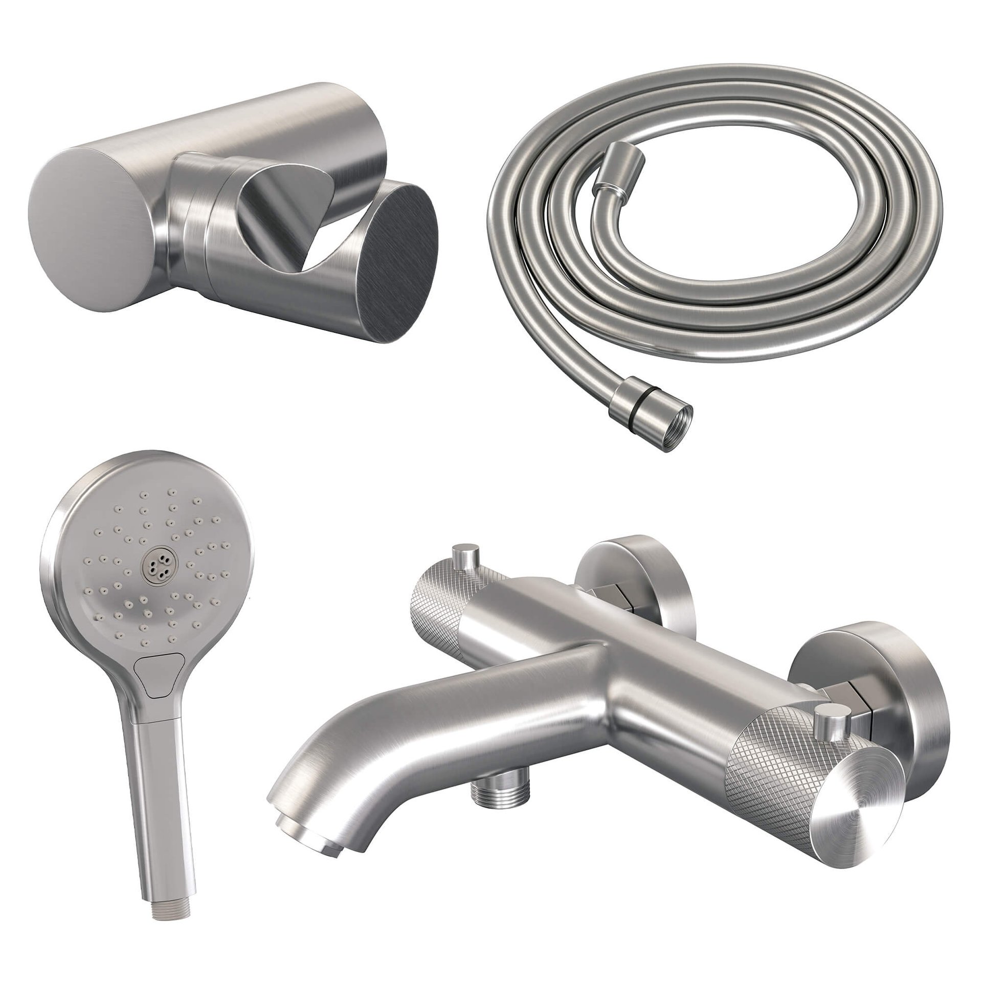 BRAUER Brushed Carving opbouw baddouche thermostaatkraan SET 04 met wandhouder en 3-standen handdouche en doucheslang RVS geborsteld PVD