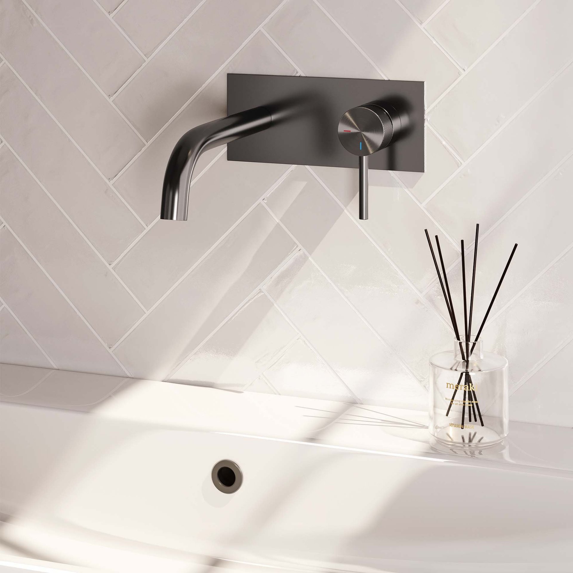 BRAUER Gunmetal Carving inbouw wastafelmengkraan met gebogen uitloop en afdekplaat model A1 gunmetal geborsteld PVD