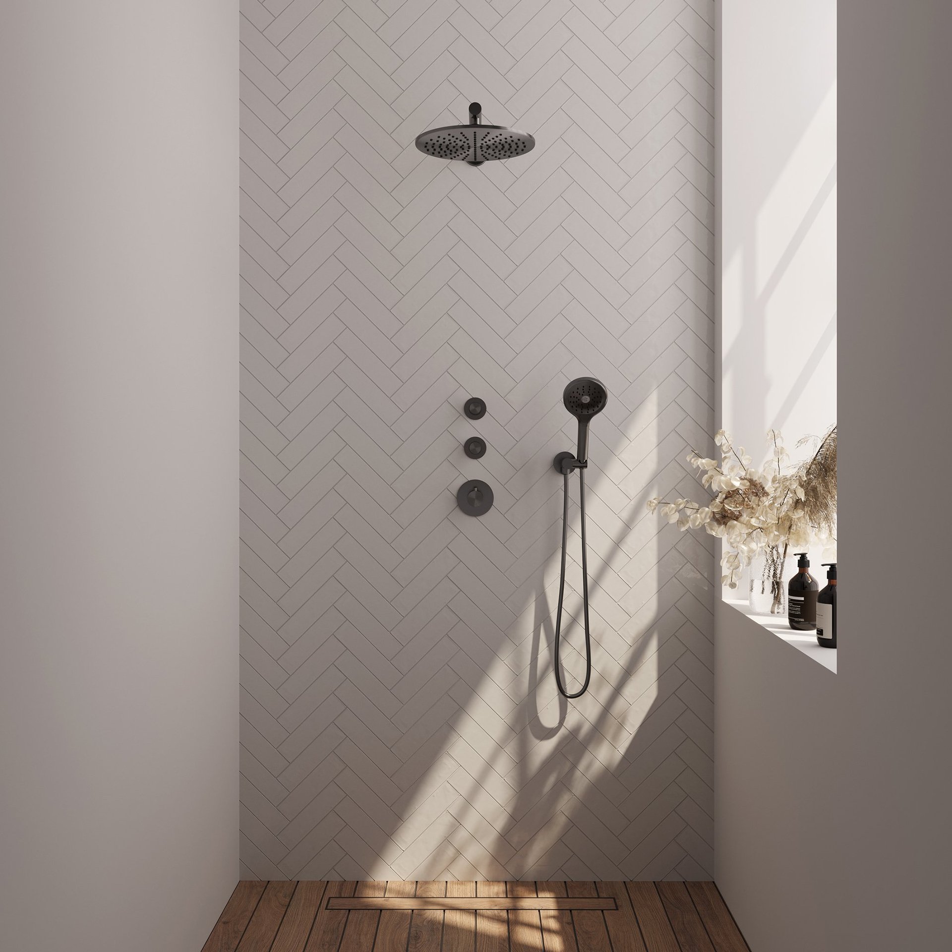 BRAUER Gunmetal Carving thermostatische inbouw regendouche SET 08 met 30 cm douchekop en rechte muurarm en 3-standen handdouche en doucheslang en wandaansluitbocht gunmetal geborsteld PVD