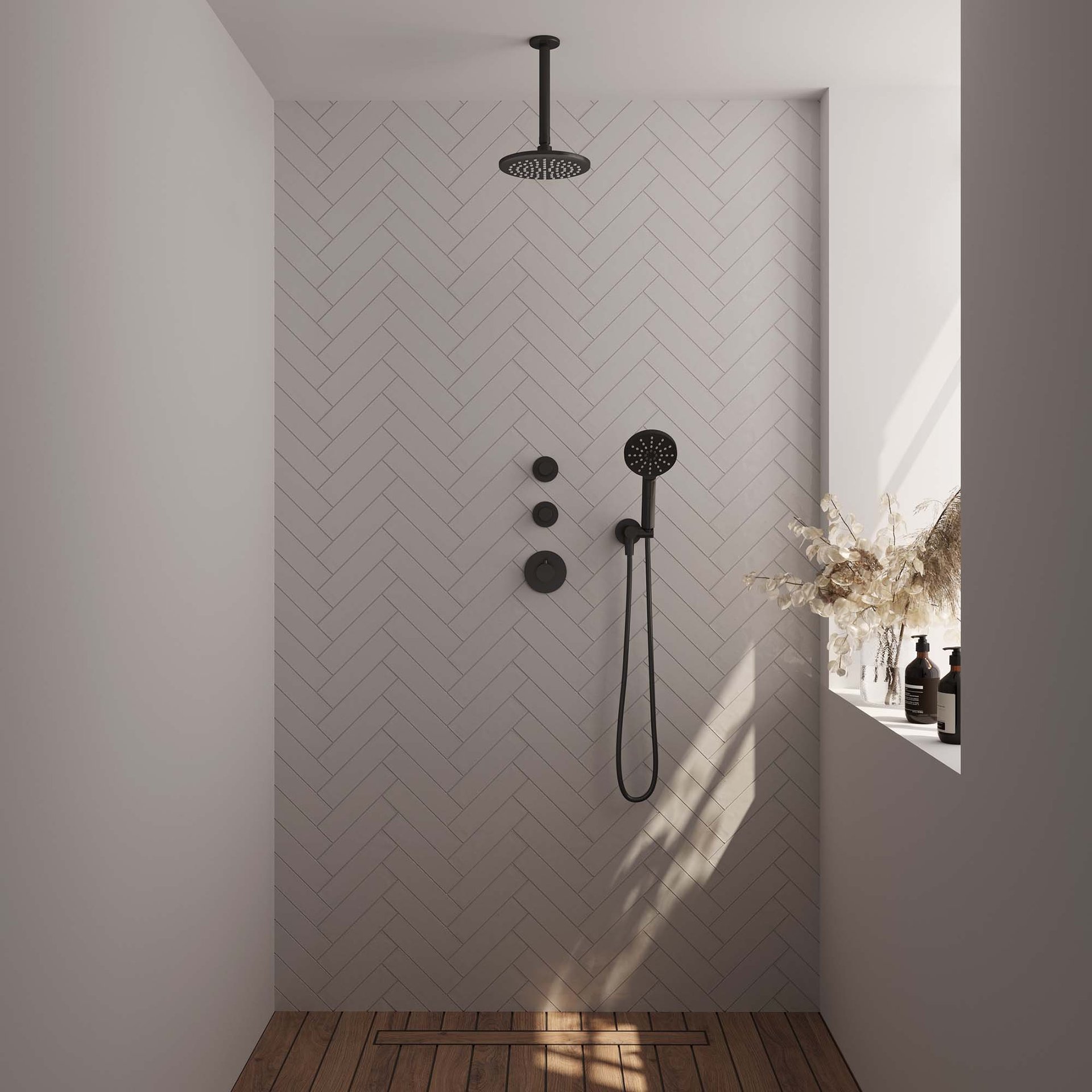BRAUER Black Edition thermostatische inbouw regendouche SET 11 met 20 cm douchekop en plafondarm en 3-standen handdouche en doucheslang en wandaansluitbocht mat zwart