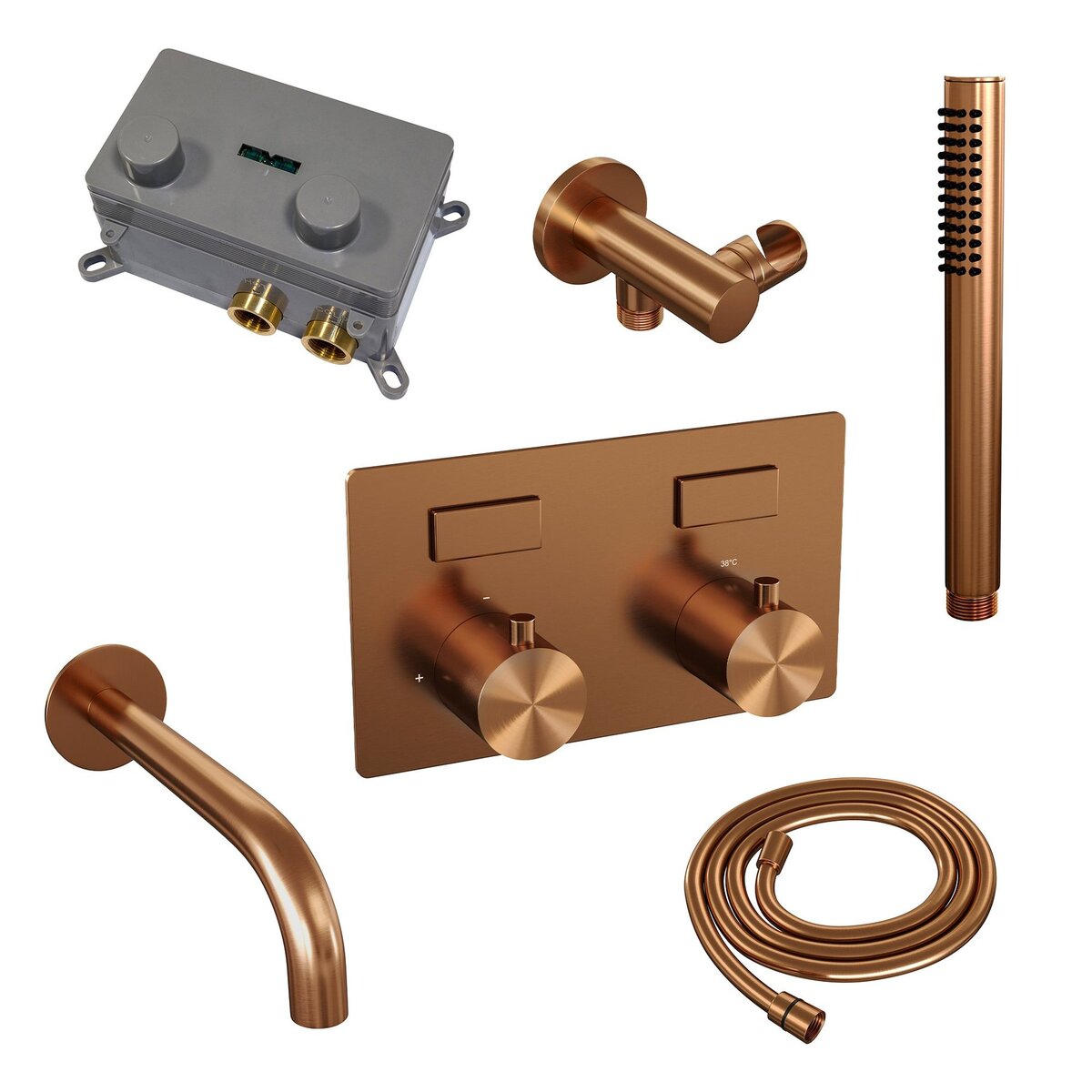 BRAUER Copper Edition thermostatische inbouw badkraan met drukknoppen SET 03 met uitloop en staaf handdouche en doucheslang en wandaansluitbocht koper geborsteld PVD