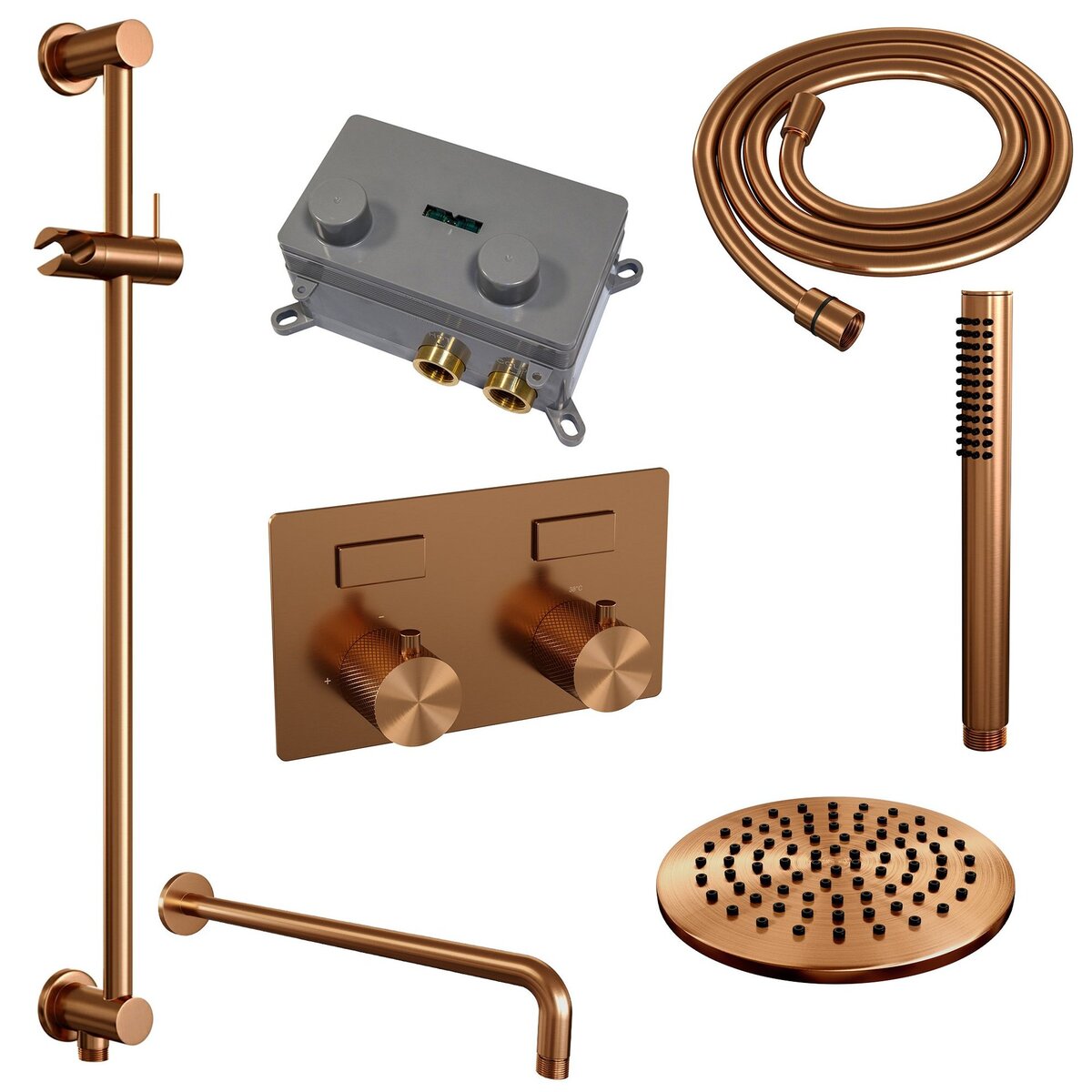 BRAUER Copper Carving thermostatische inbouw regendouche met drukknoppen SET 63 met 20 cm douchekop en gebogen muurarm en staaf handdouche en doucheslang en geïntegreerde glijstang koper geborsteld PVD