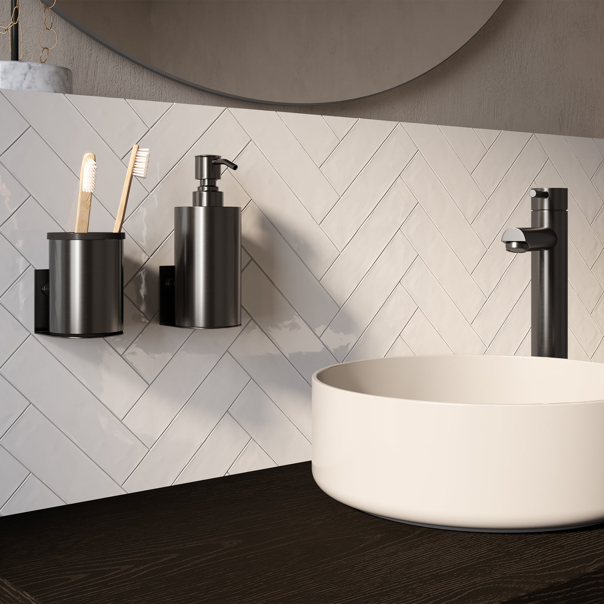 BRAUER Zeepdispenser en beker model A incl. wand ophanging en magnetisch opzetvlak gunmetal geborsteld