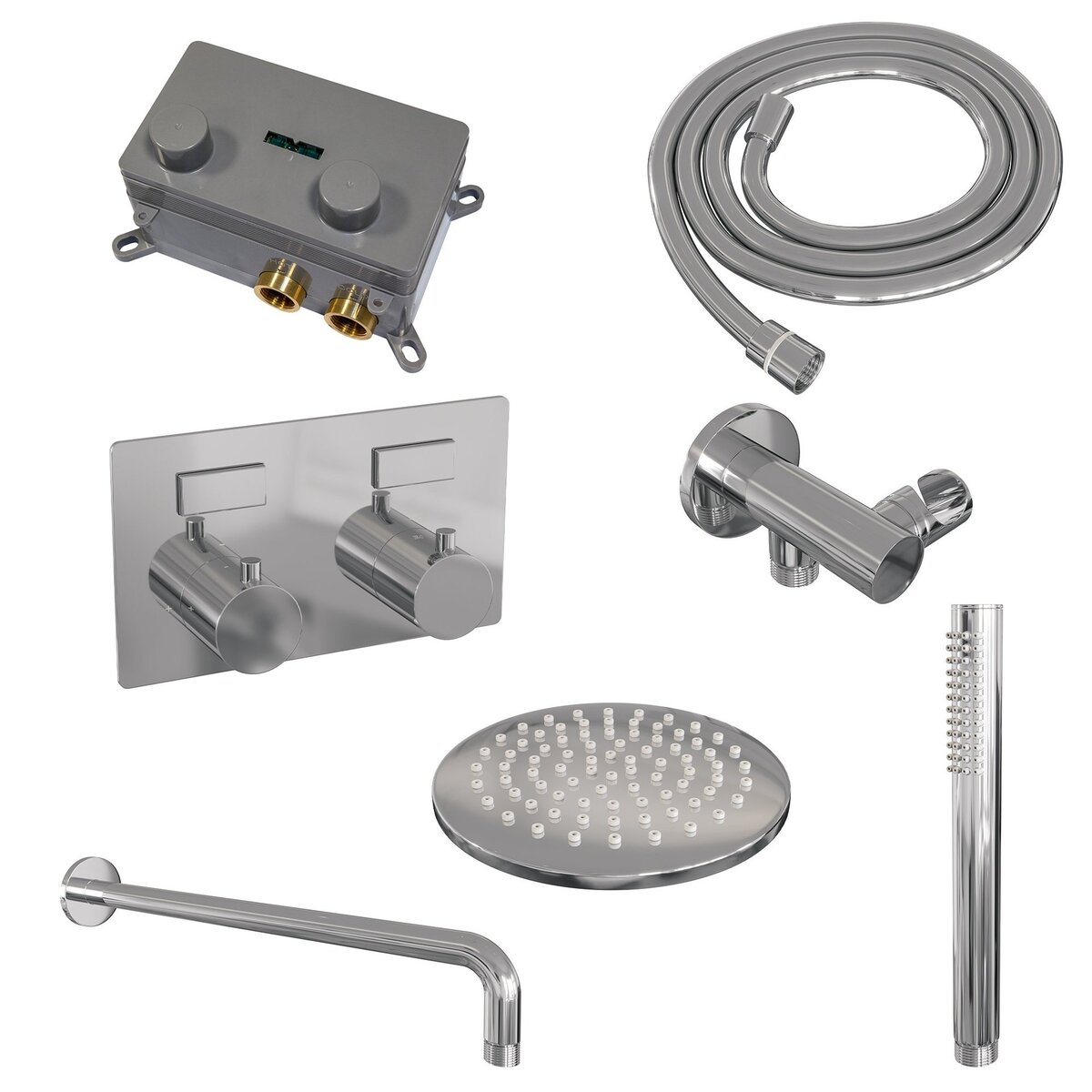 BRAUER Chrome Edition thermostatische inbouw regendouche met drukknoppen SET 51 met 20 cm douchekop en gebogen muurarm en staaf handdouche en doucheslang en wandaansluitbocht chroom