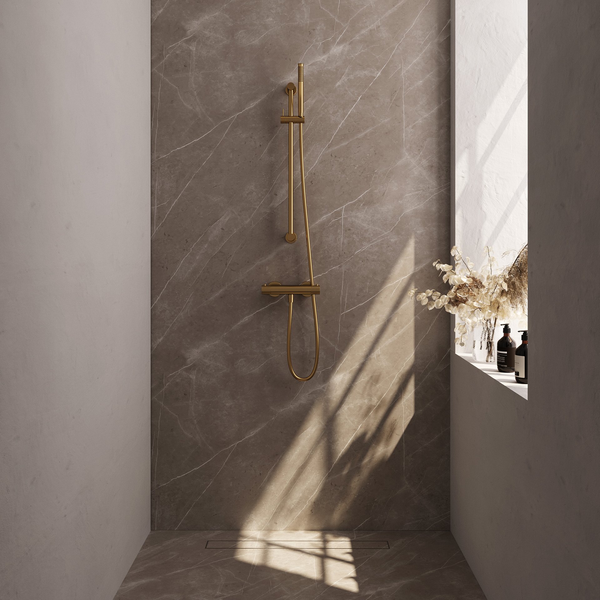 BRAUER Stripe opbouw douche thermostaatkraan SET 01 met glijstang en staaf handdouche en doucheslang goud geborsteld PVD