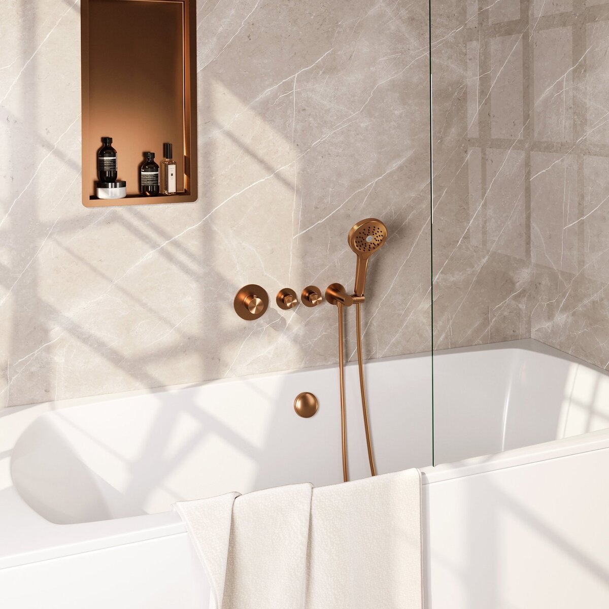 BRAUER Copper Edition thermostatische inbouw badkraan SET 02 met badvulcombinatie en 3-standen handdouche en doucheslang en wandaansluitbocht koper geborsteld PVD