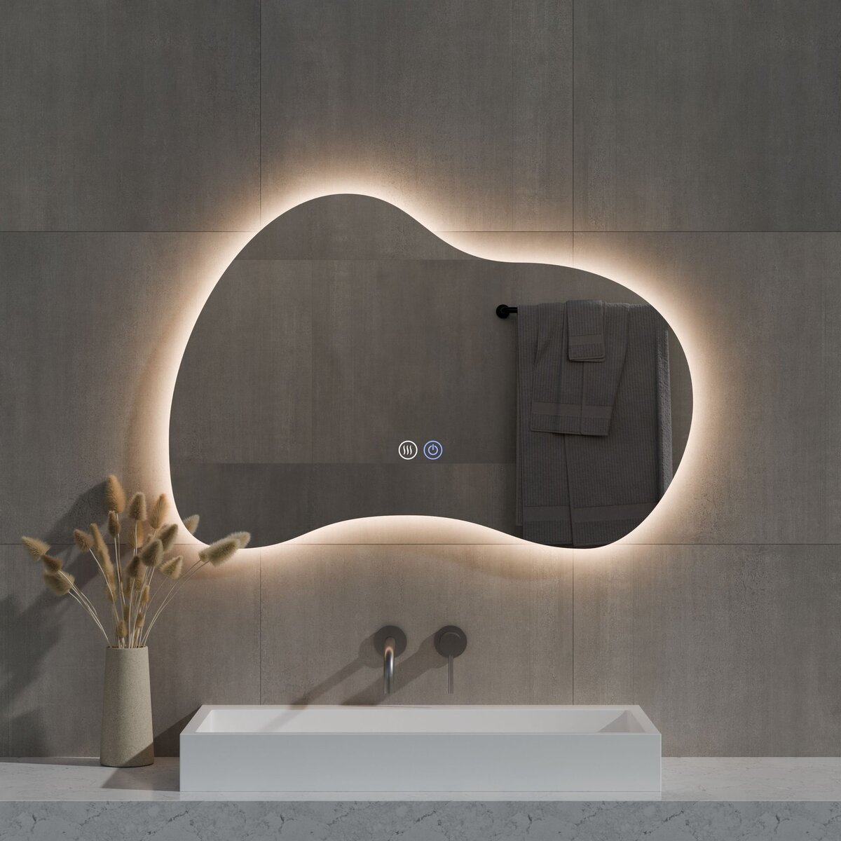 Best-Design "Strange" organische spiegel incl. verwarming, 3 kleuren LED verlichting, dimbaar 100x70 cm