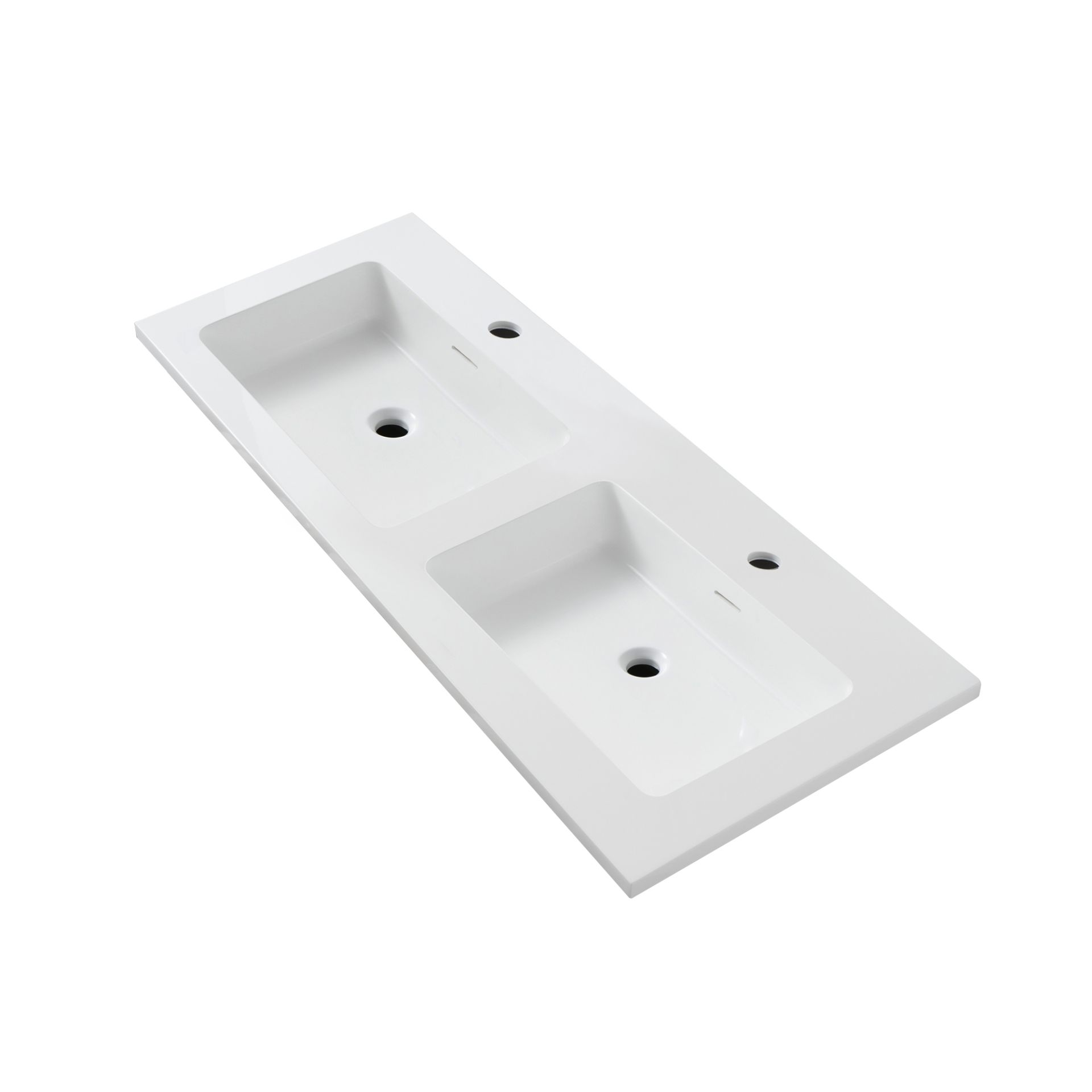 Wonda Square Slim Wastafel - 2 Wasbakken - Met Overloop - 2 Kraangaten - Kunstmarmer - 120x1,6x52,5 Cm - Mat Wit