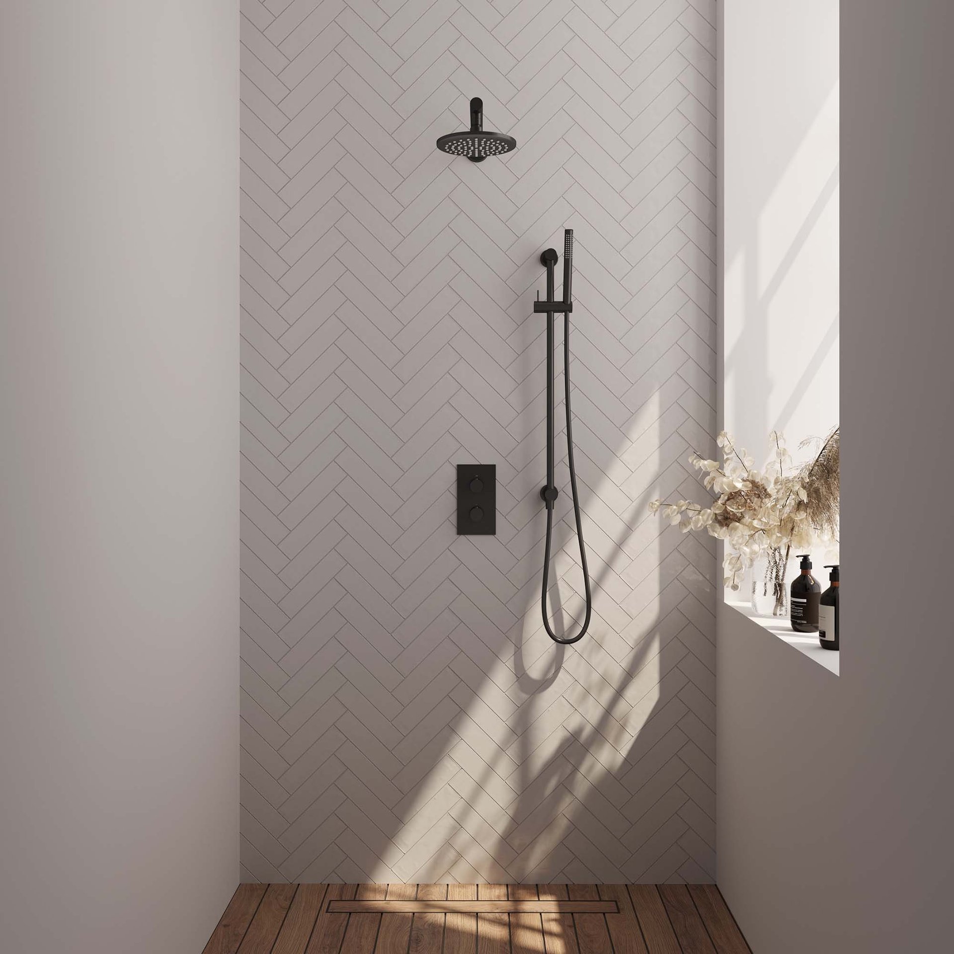 BRAUER Black Edition thermostatische inbouw regendouche 3-weg rechthoekig SET 37 met 20 cm douchekop en rechte muurarm en staaf handdouche en doucheslang en geïntegreerde glijstang mat zwart