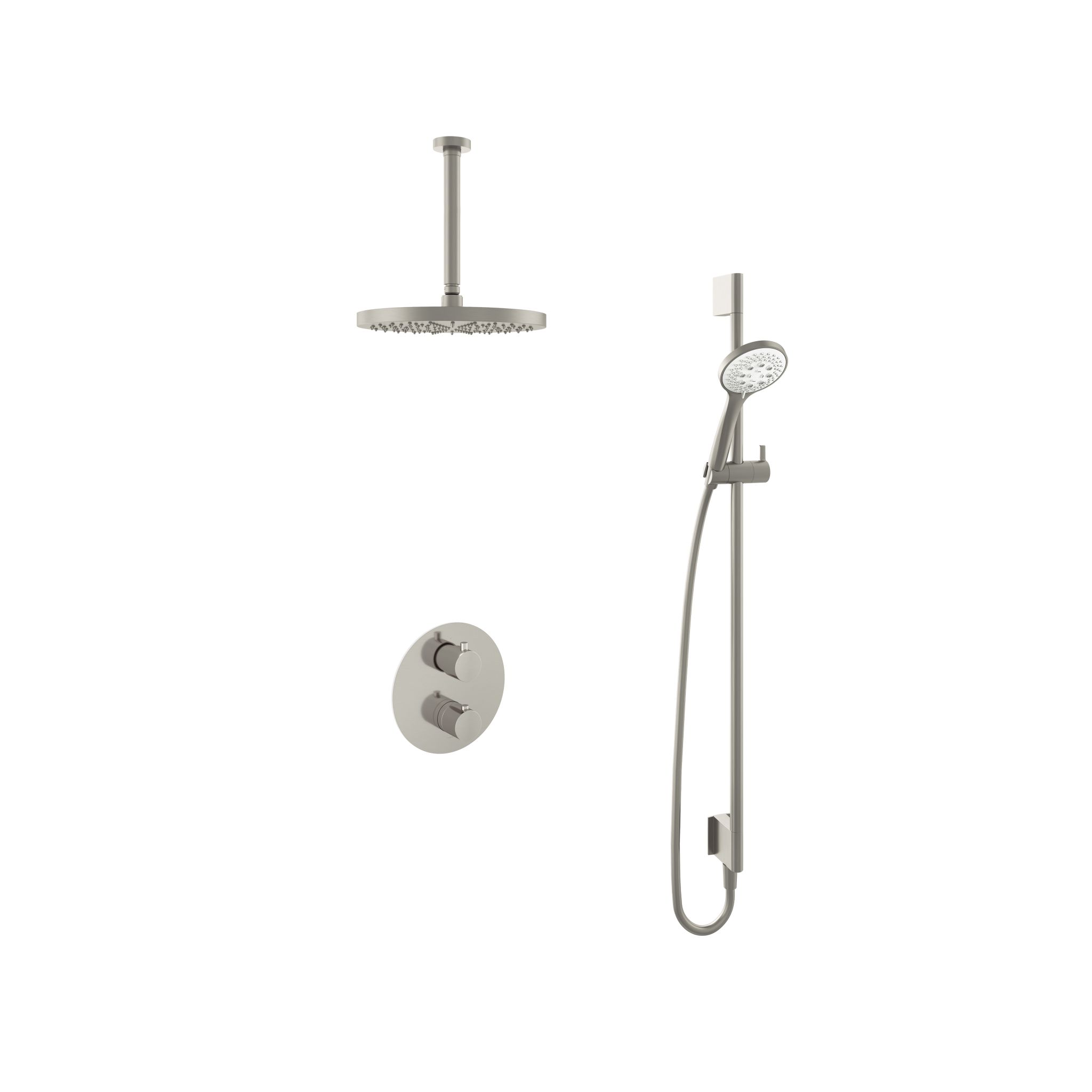 Hotbath Buddy Inbouw Regendoucheset Met 2-Weg-Omstel, Plafondbuis 30cm, Hoofddouche 30cm, 3-Standen Handdouche En Glijstang Geborsteld Nikkel