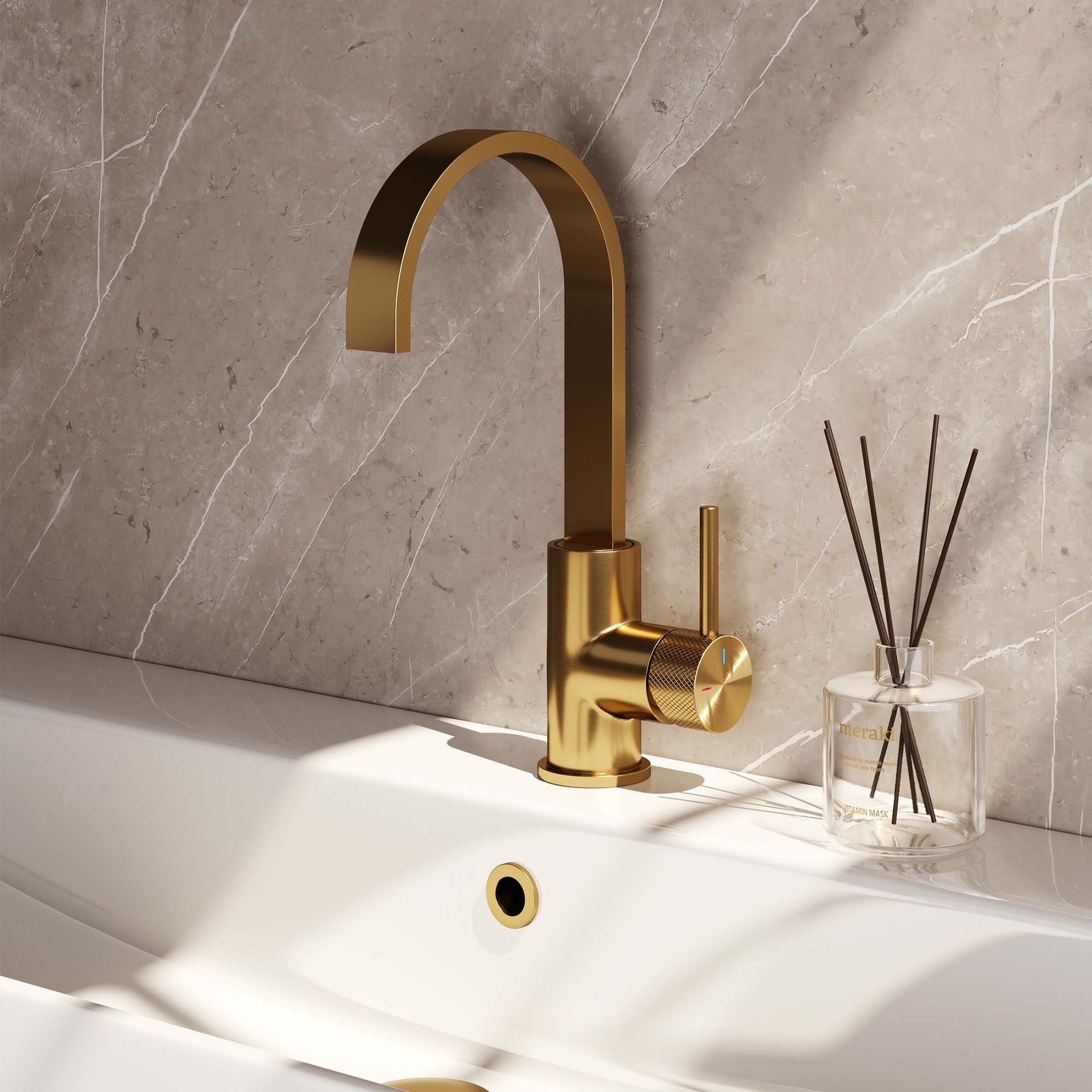 BRAUER Gold Carving hoge opbouw wastafelmengkraan met draaibare platte uitloop model A goud geborsteld PVD