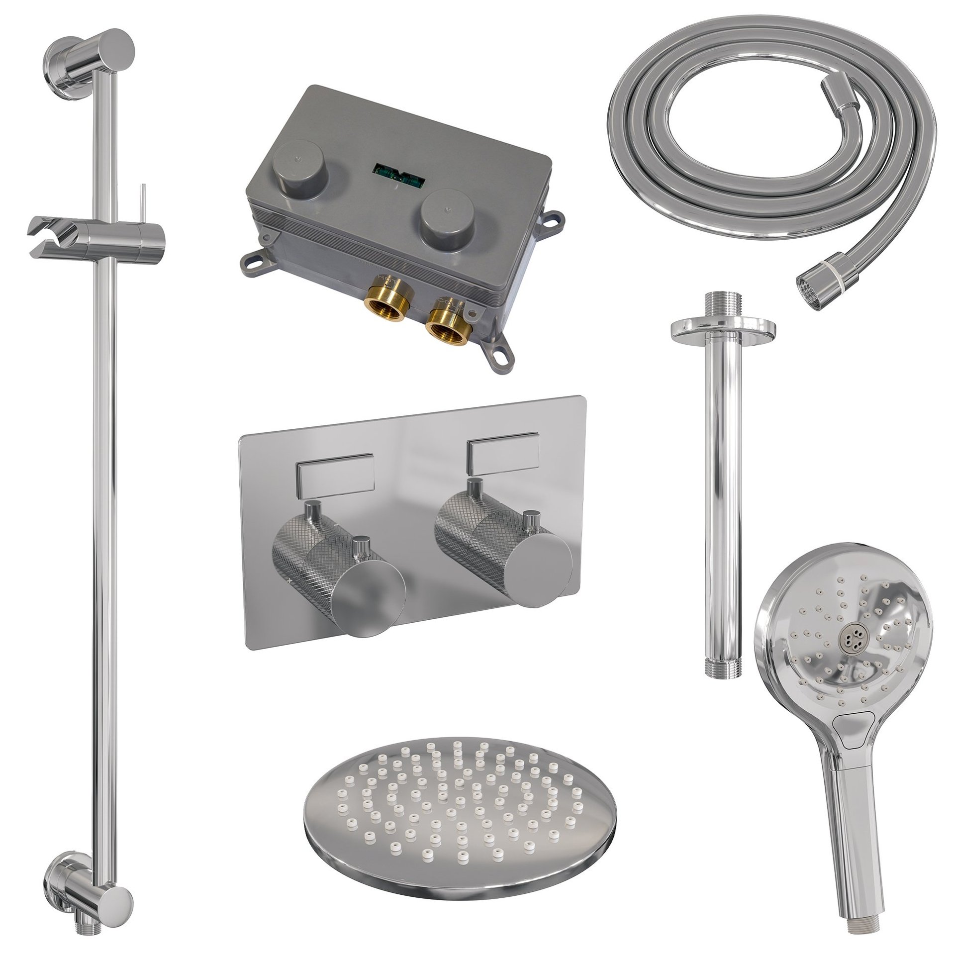 BRAUER Chrome Carving thermostatische inbouw regendouche met drukknoppen SET 71 met 20 cm douchekop en plafondarm en 3-standen handdouche en doucheslang en geïntegreerde glijstang chroom