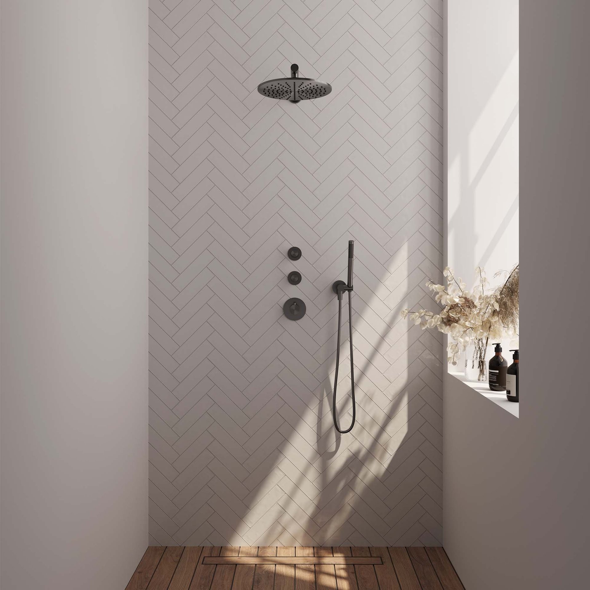 BRAUER Gunmetal Carving thermostatische inbouw regendouche SET 02 met 30 cm douchekop en rechte muurarm en staaf handdouche en doucheslang en wandaansluitbocht gunmetal geborsteld PVD