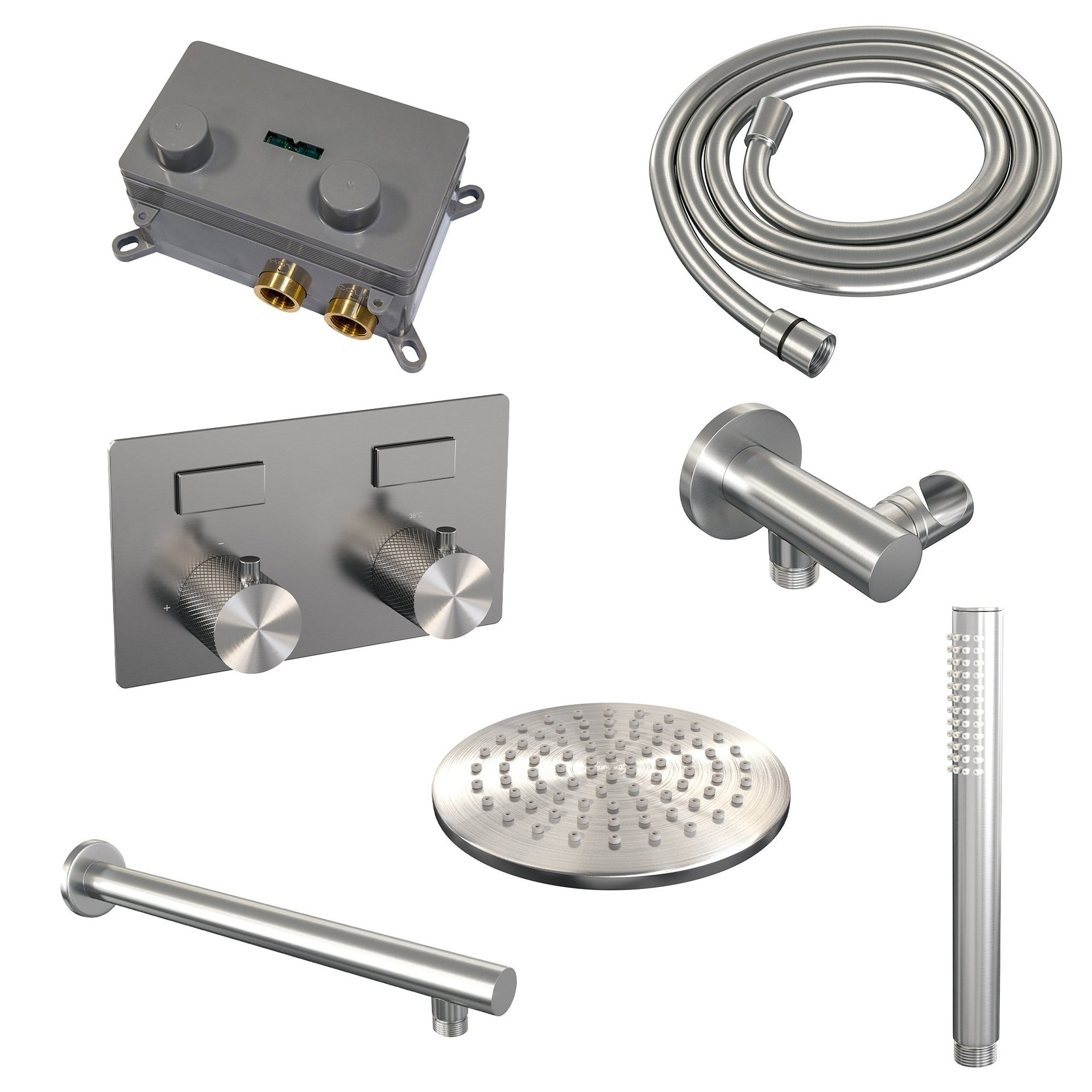 BRAUER Brushed Carving thermostatische inbouw regendouche met drukknoppen SET 49 met 20 cm douchekop en rechte muurarm en staaf handdouche en doucheslang en wandaansluitbocht RVS geborsteld PVD