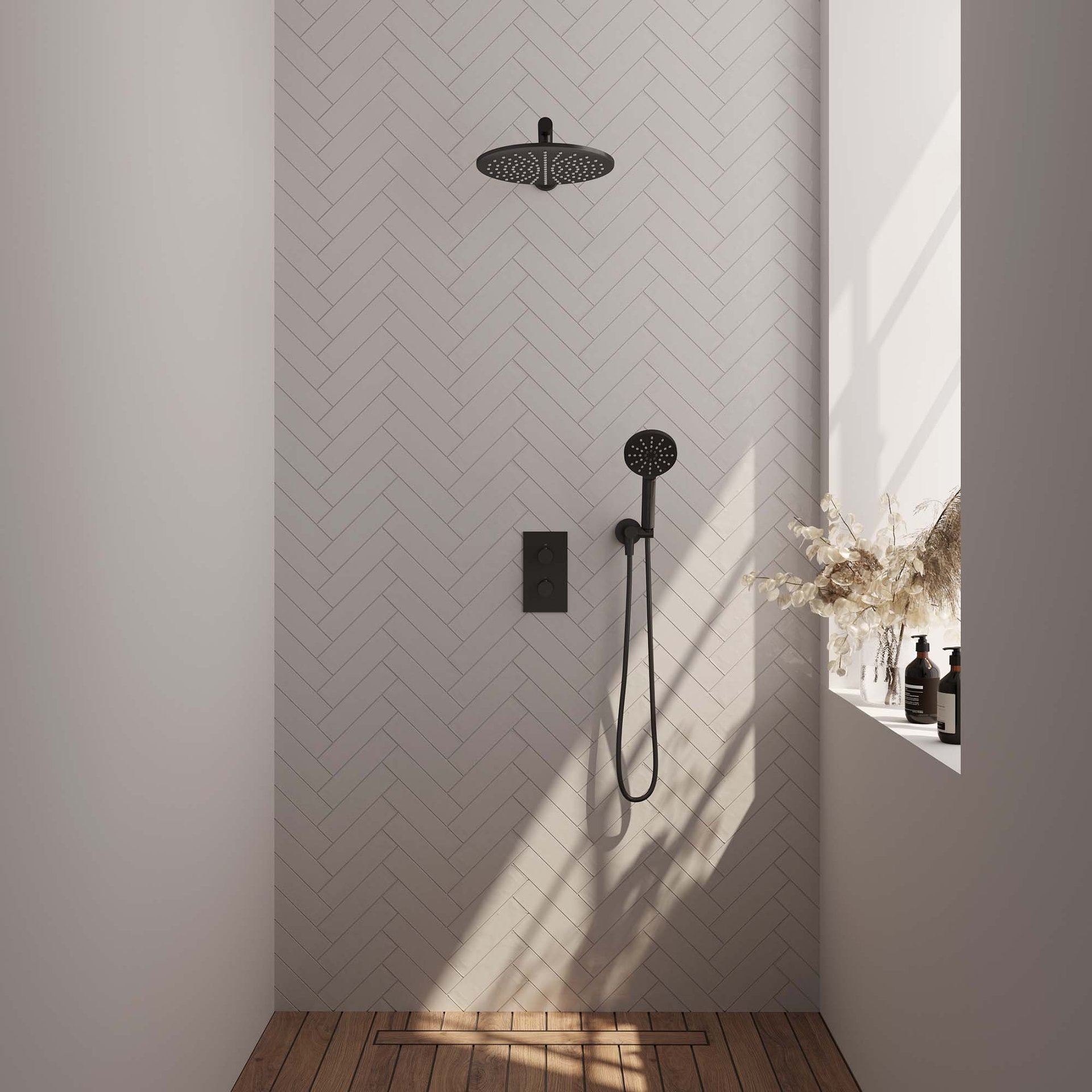 BRAUER Black Carving thermostatische inbouw regendouche 3-weg rechthoekig SET 32 met 30 cm douchekop en rechte muurarm en 3-standen handdouche en doucheslang en wandaansluitbocht mat zwart