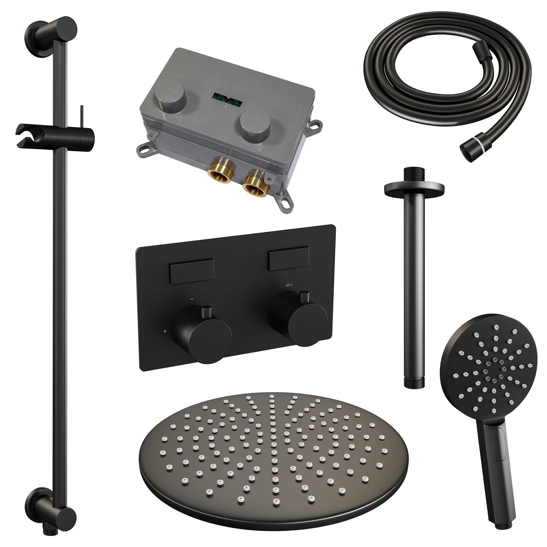 BRAUER Black Edition thermostatische inbouw regendouche met drukknoppen SET 72 met 30 cm douchekop en plafondarm en 3-standen handdouche en doucheslang en geïntegreerde glijstang mat zwart
