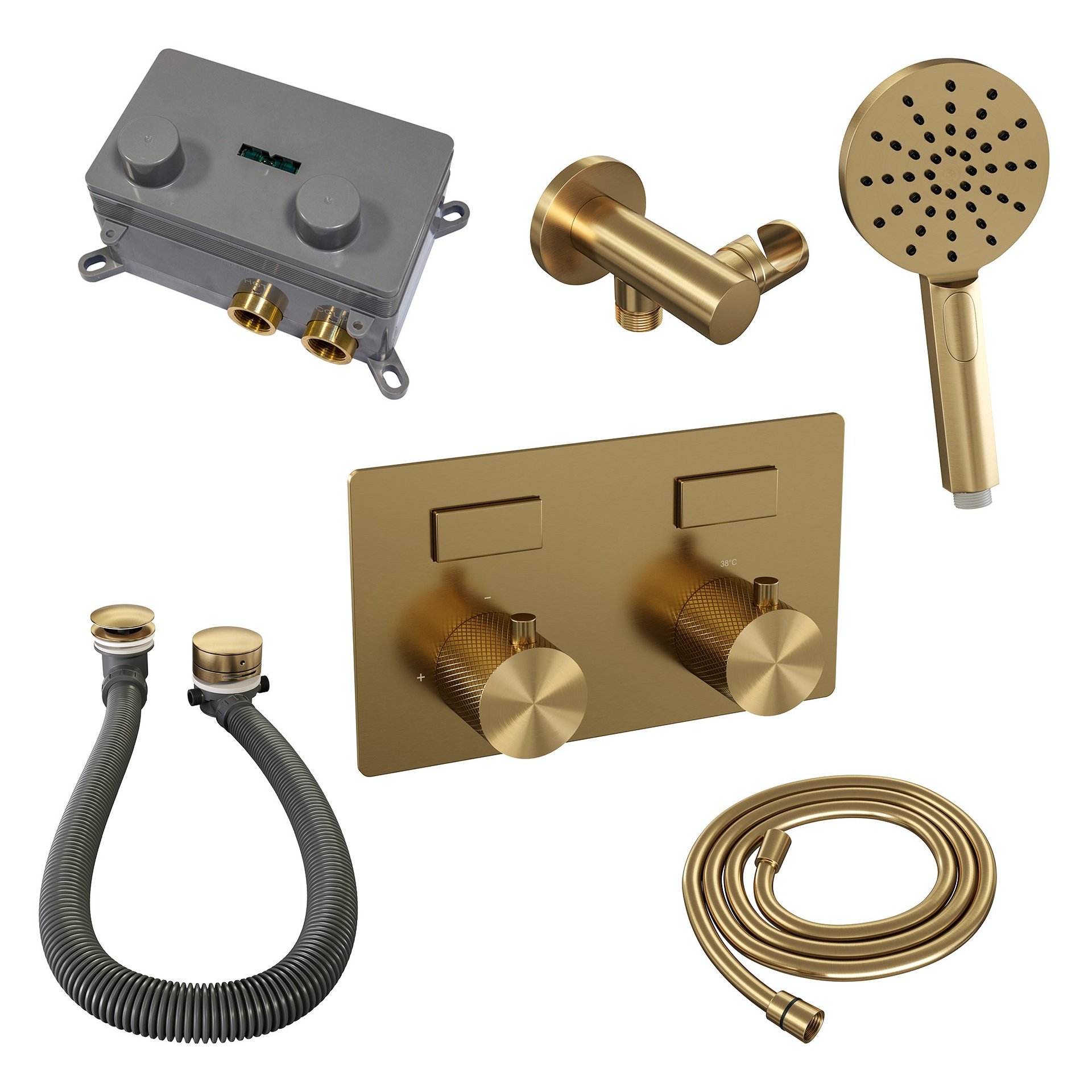 BRAUER Gold Carving thermostatische inbouw badkraan met drukknoppen SET 04 met badvulcombinatie en 3-standen handdouche en doucheslang en wandaansluitbocht goud geborsteld PVD