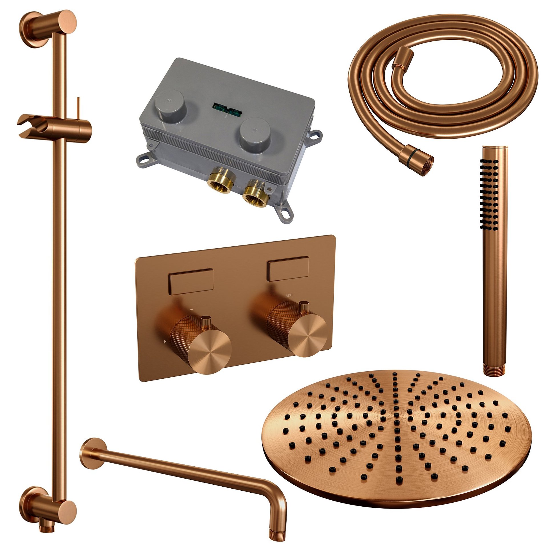 BRAUER Copper Carving thermostatische inbouw regendouche met drukknoppen SET 64 met 30 cm douchekop en gebogen muurarm en staaf handdouche en doucheslang en geïntegreerde glijstang koper geborsteld PVD