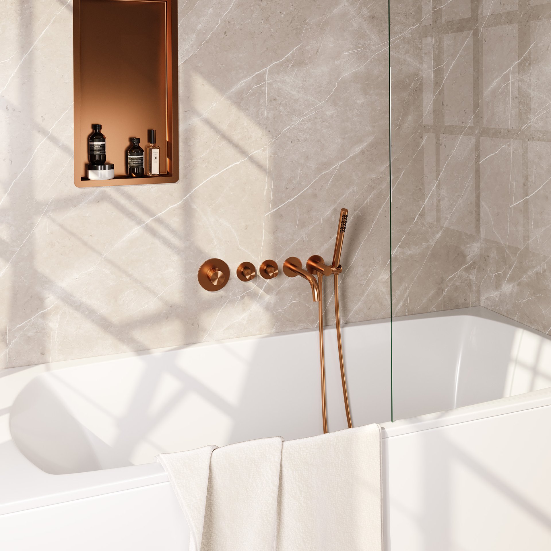 BRAUER Stripe thermostatische inbouw badkraan SET 01 met uitloop en staaf handdouche en doucheslang en wandaansluitbocht koper geborsteld PVD