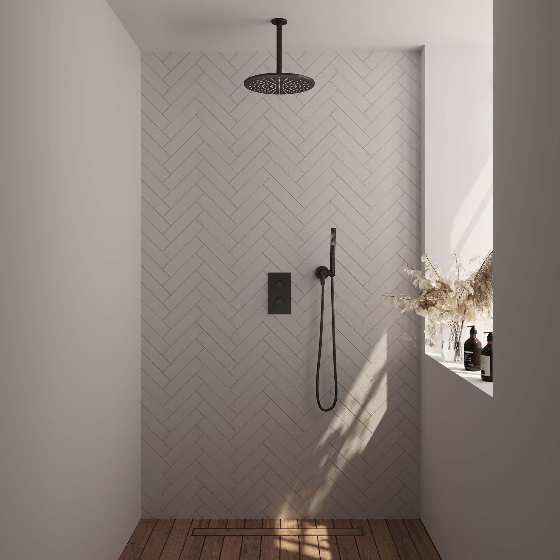 BRAUER Black Carving thermostatische inbouw regendouche 3-weg rechthoekig SET 30 met 30 cm douchekop en plafondarm en staaf handdouche en doucheslang en wandaansluitbocht mat zwart