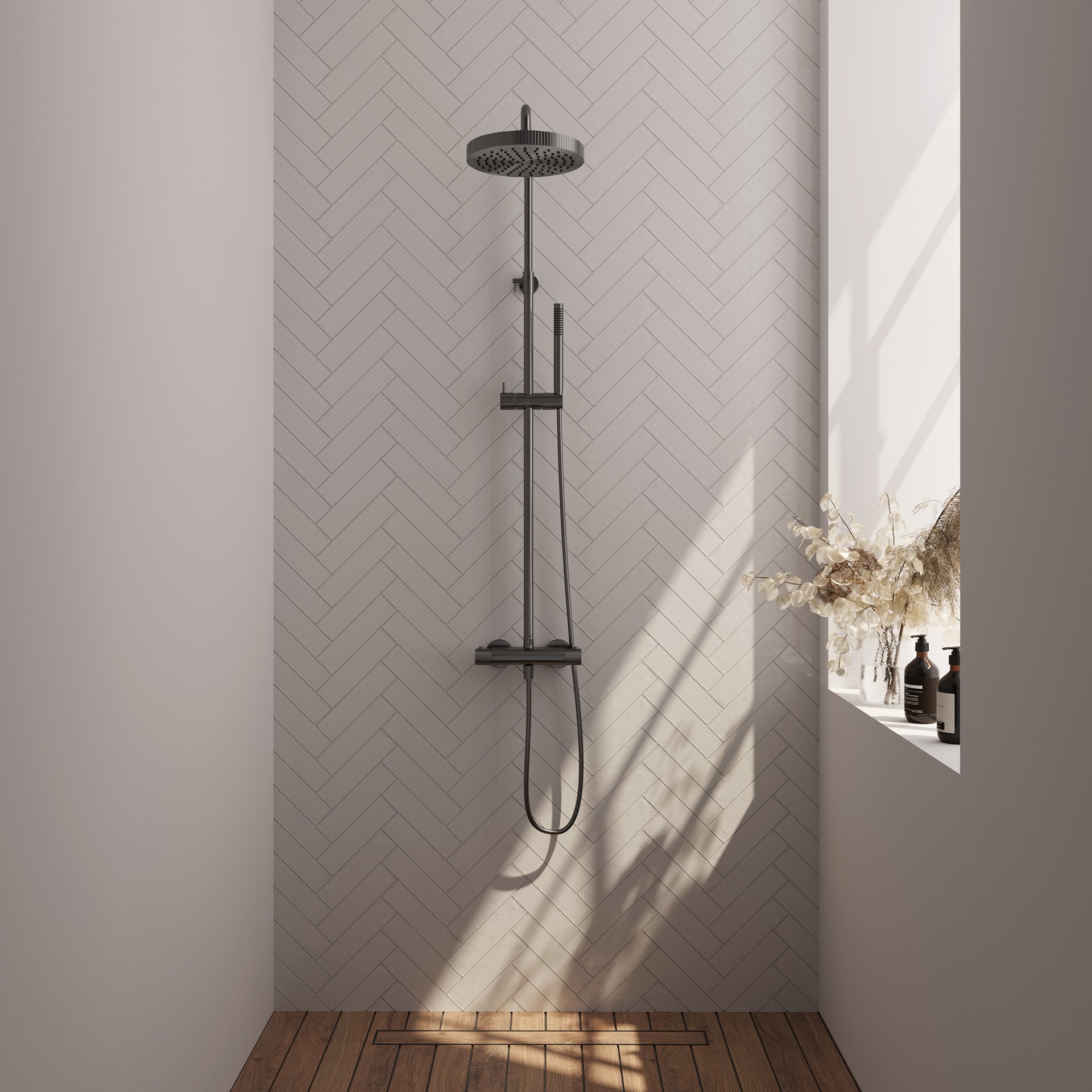 BRAUER Stripe opbouw thermostatische regendouche SET 01 met 25 cm hoofddouche en staaf handdouche en doucheslang gunmetal geborsteld PVD