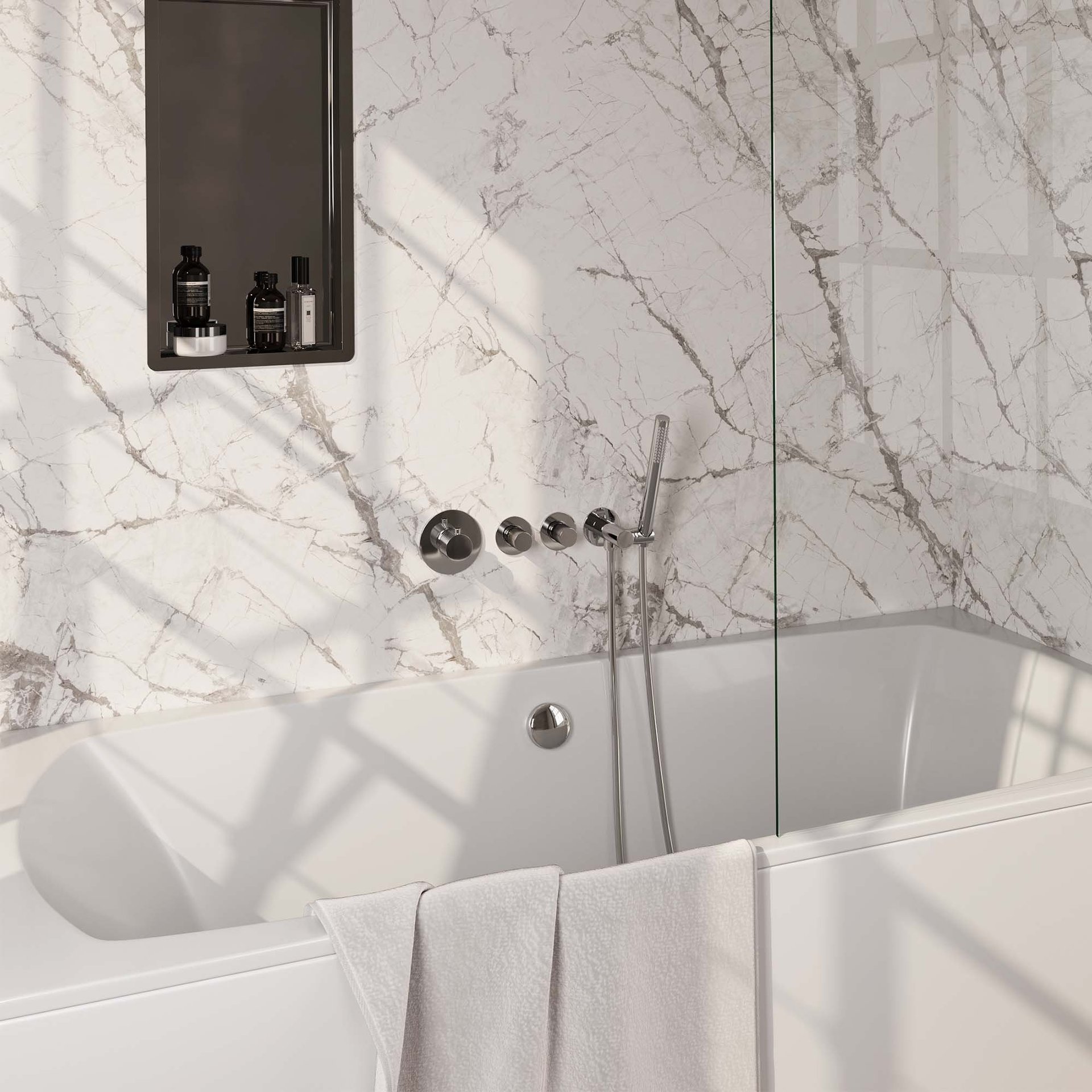 BRAUER Chrome Carving thermostatische inbouw badkraan SET 01 met badvulcombinatie en staaf handdouche en doucheslang en wandaansluitbocht chroom