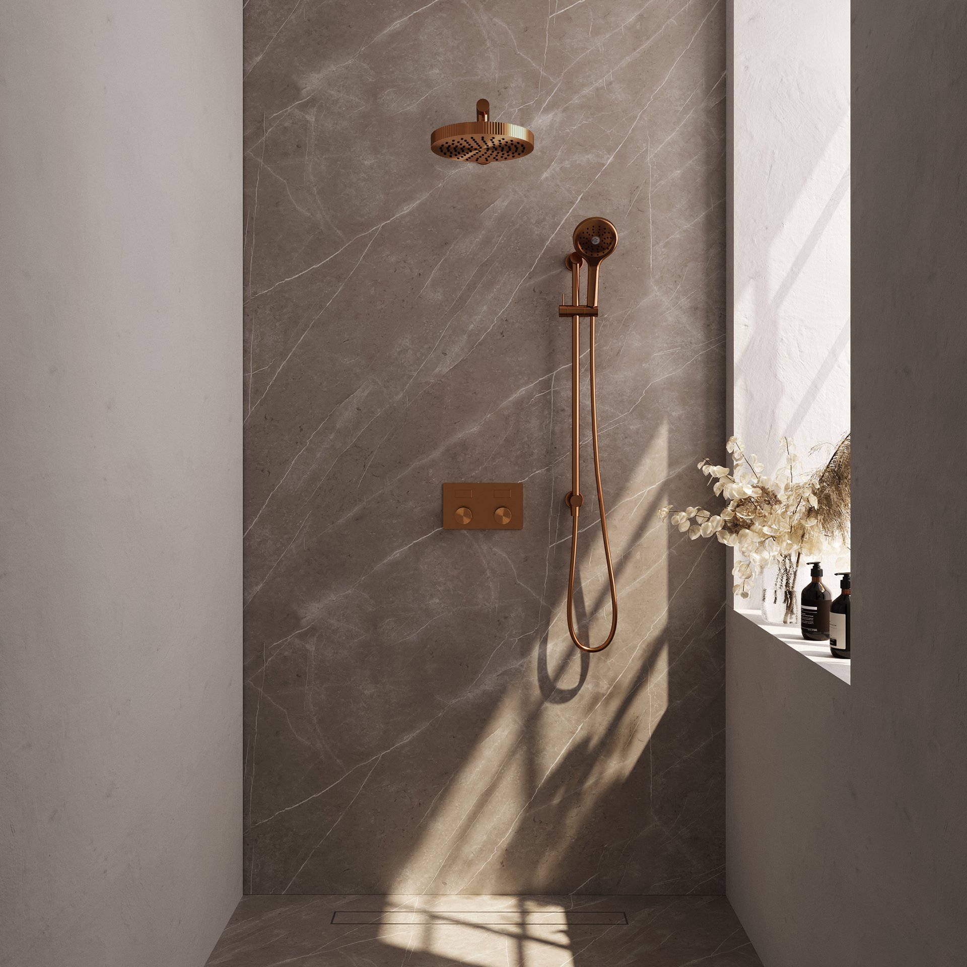BRAUER Stripe thermostatische inbouw regendouche met drukknoppen SET 34 met 25 cm douchekop en rechte muurarm en 3-standen handdouche en doucheslang en geïntegreerde glijstang koper geborsteld PVD