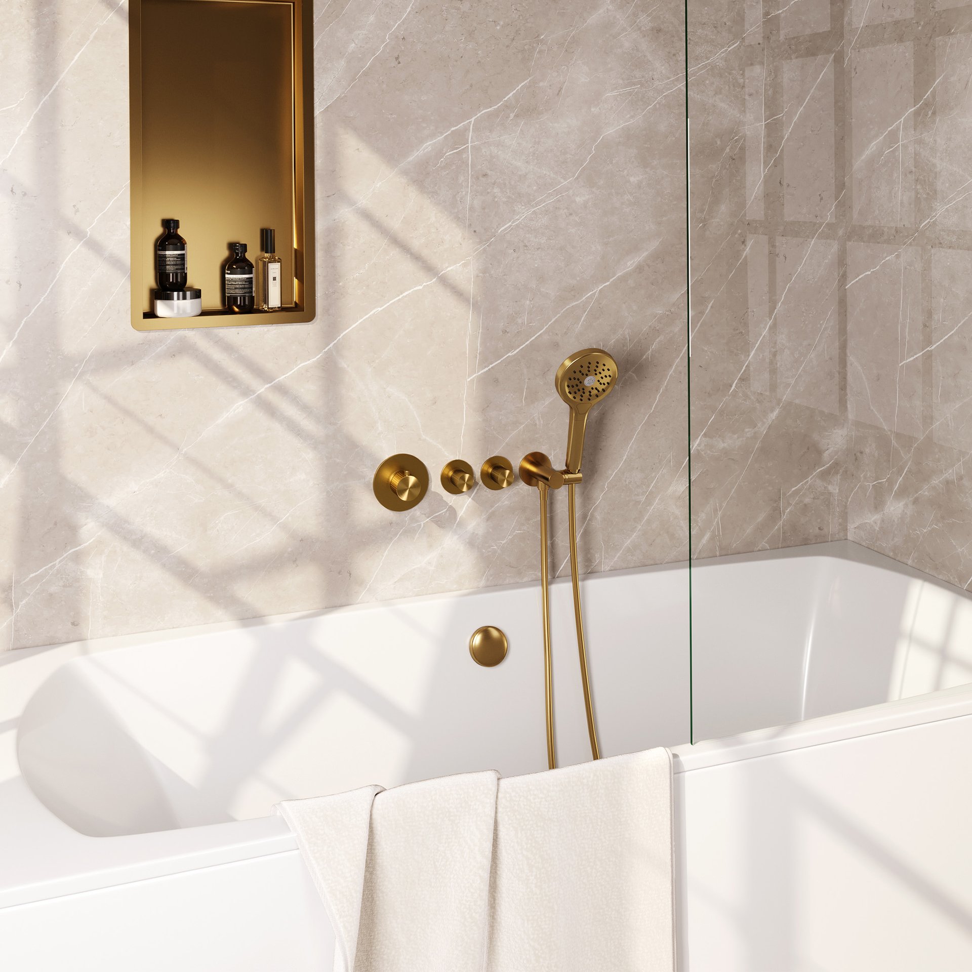 BRAUER Stripe thermostatische inbouw badkraan SET 02 met badvulcombinatie en 3-standen handdouche en doucheslang en wandaansluitbocht goud geborsteld PVD
