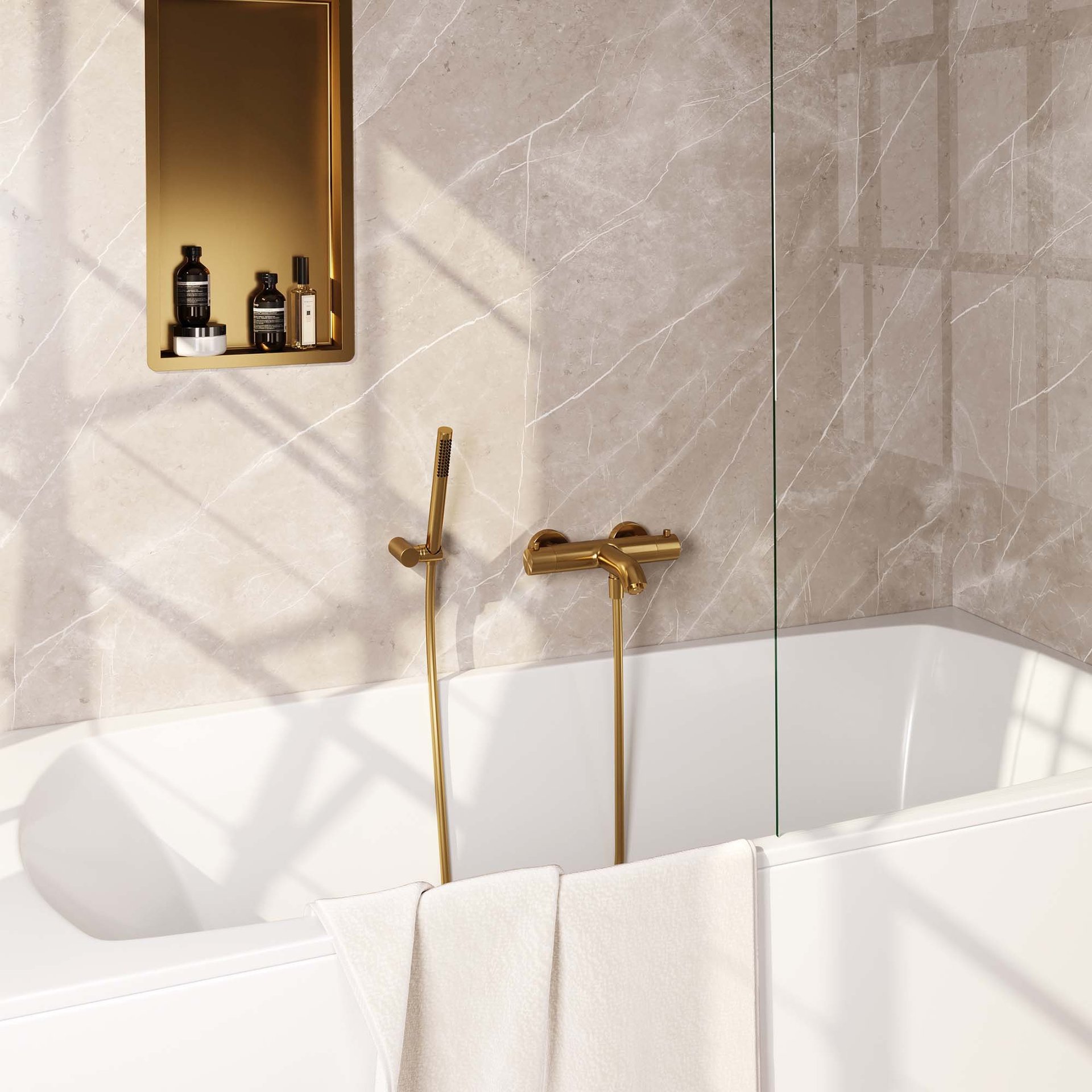 BRAUER Gold Edition opbouw baddouche thermostaatkraan SET 03 met wandhouder en staaf handdouche en doucheslang goud geborsteld PVD