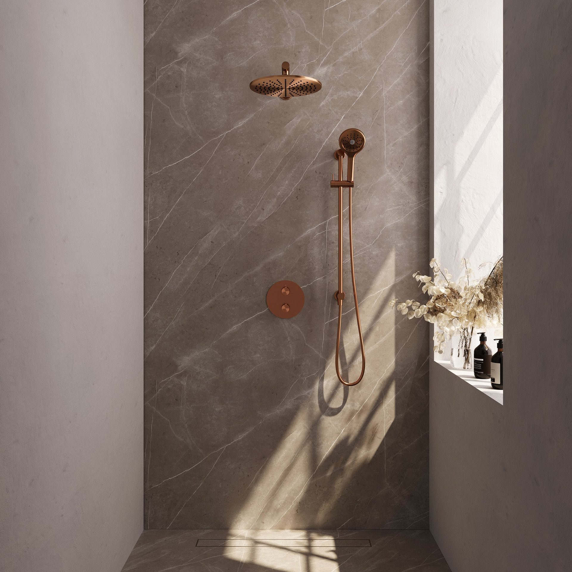 BRAUER Copper Edition thermostatische inbouw regendouche 3-weg rond SET 92 met 30 cm douchekop en rechte muurarm en 3-standen handdouche en doucheslang en geïntegreerde glijstang koper geborsteld PVD