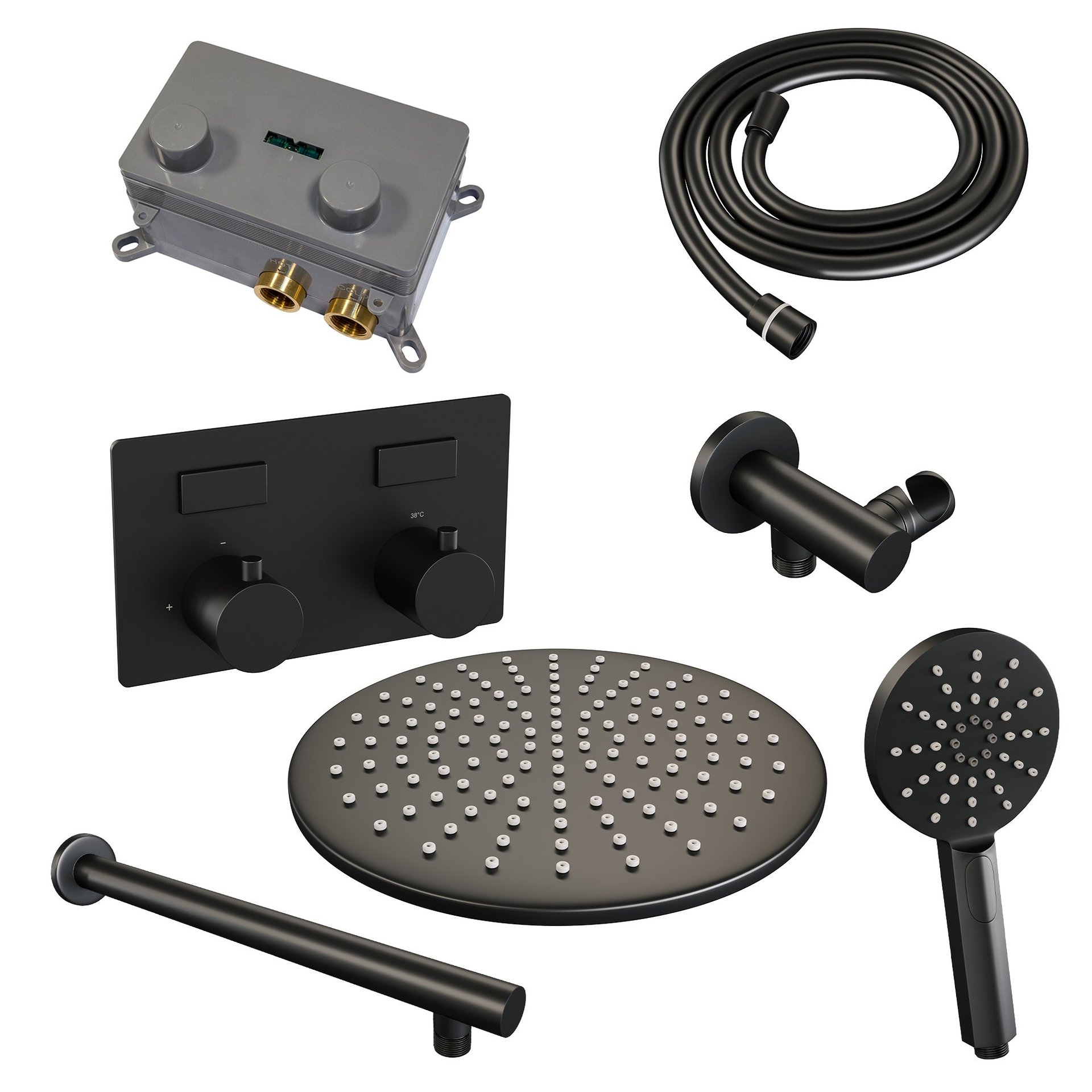 BRAUER Black Edition thermostatische inbouw regendouche met drukknoppen SET 56 met 30 cm douchekop en rechte muurarm en 3-standen handdouche en doucheslang en wandaansluitbocht mat zwart